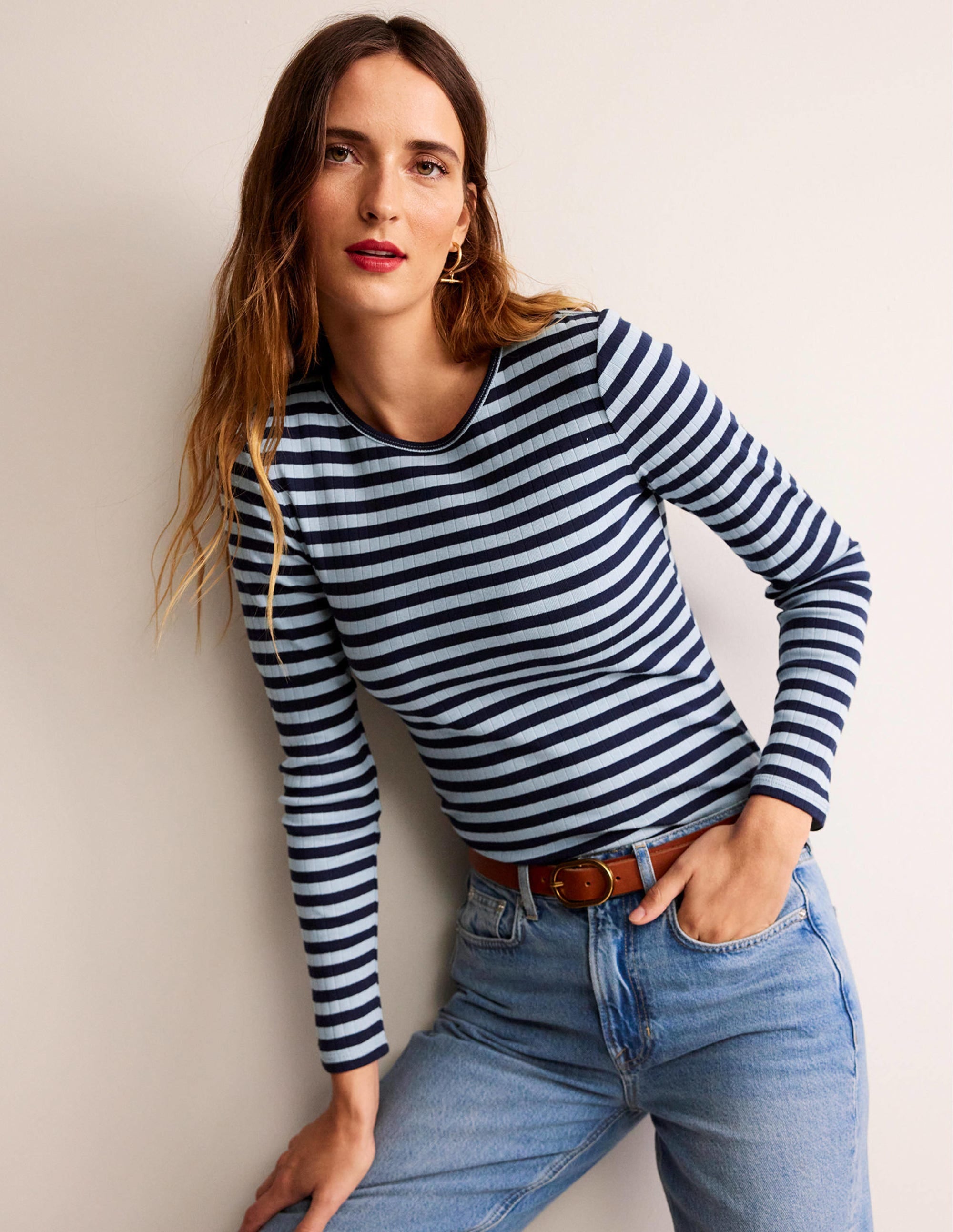 Anna Rib Crew T-Shirt-Heron Blue, French Navy - Image 1
