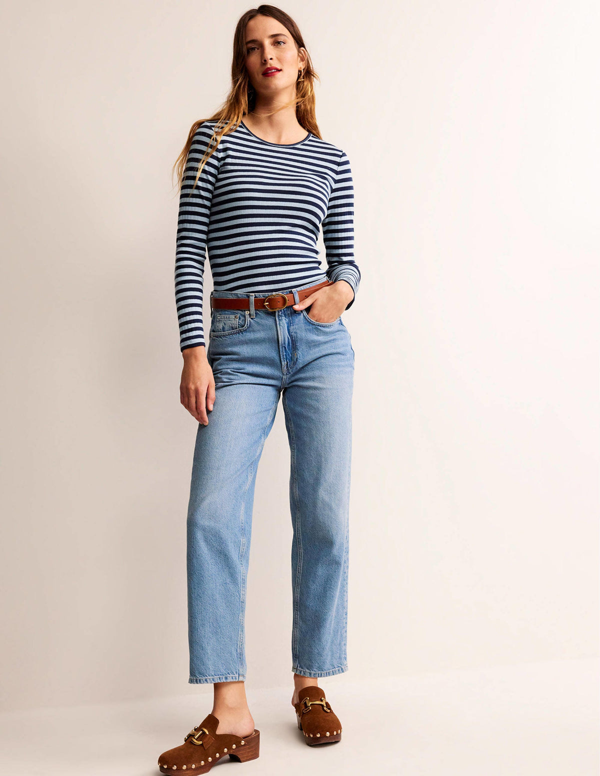Anna Rib Crew T-Shirt-Heron Blue, French Navy - Image 4