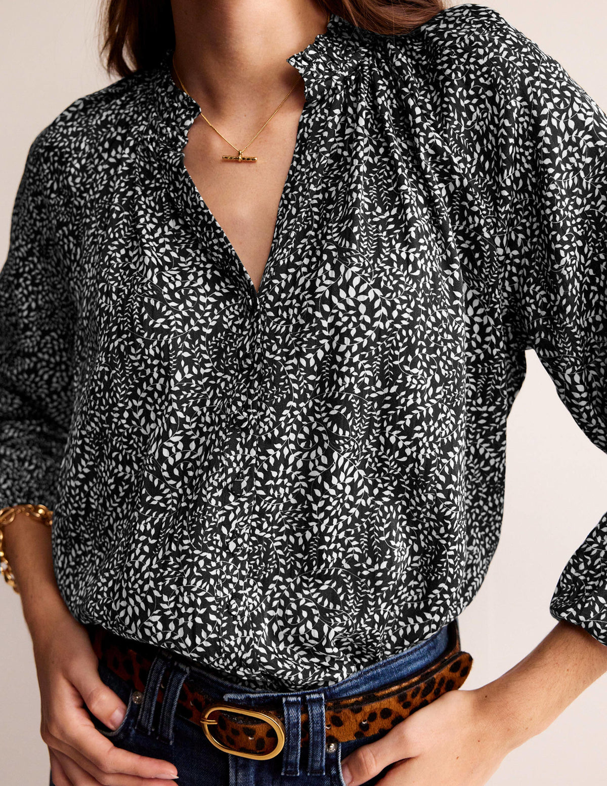 High-Neck Printed Top-Black, Pome Sprig - Image 2