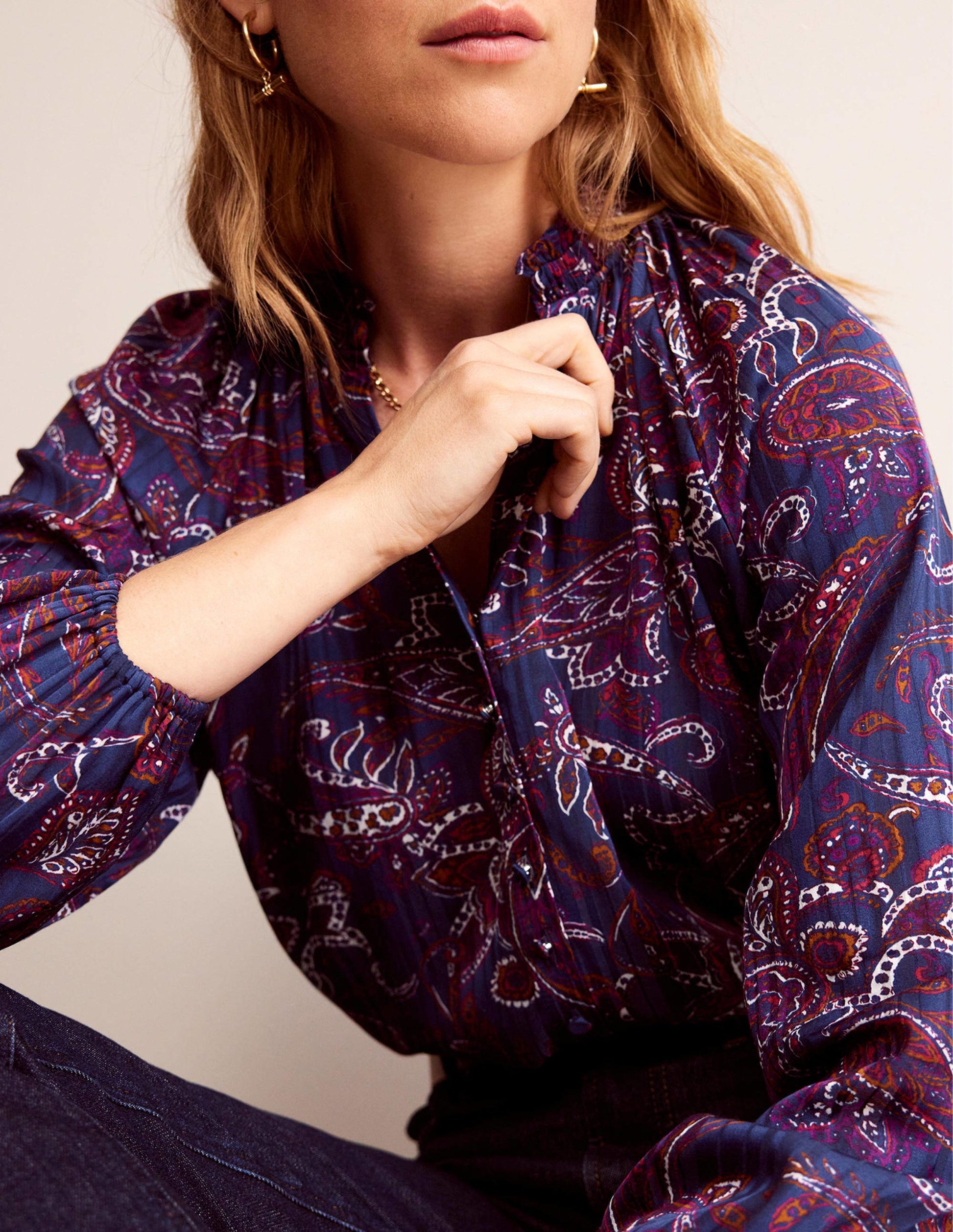 High-Neck Printed Top-Purple Pansy, Paisley Lawn-2