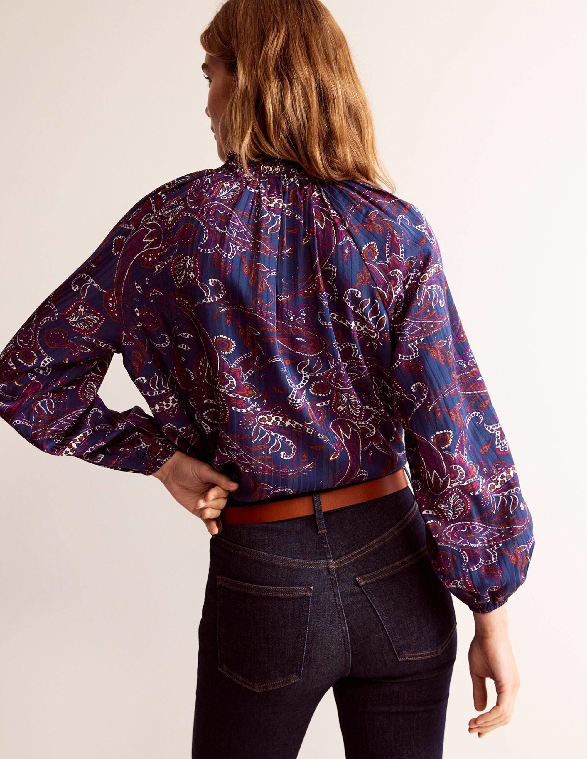 High-Neck Printed Top-Purple Pansy, Paisley Lawn - Image 3