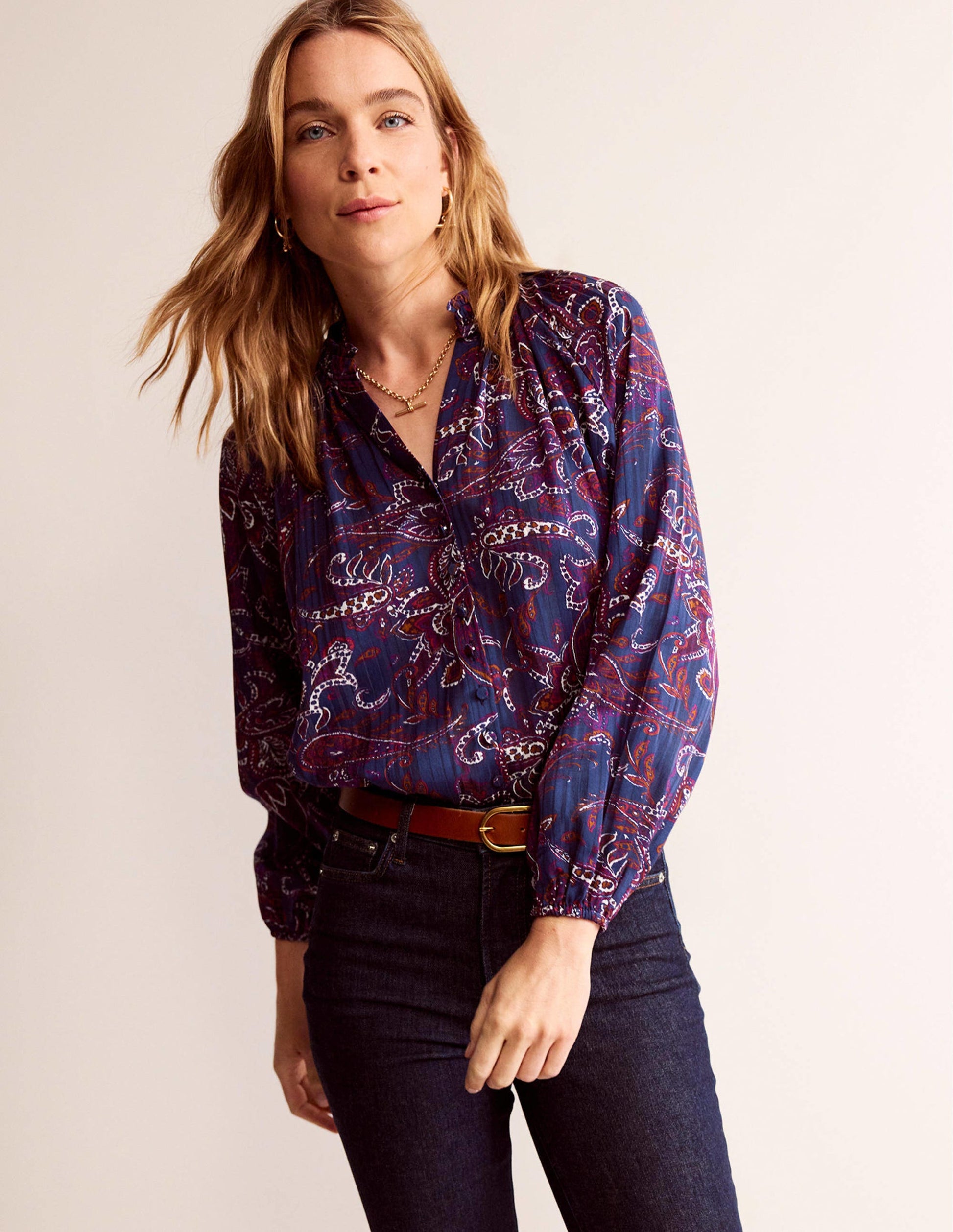 High-Neck Printed Top-Purple Pansy, Paisley Lawn-4