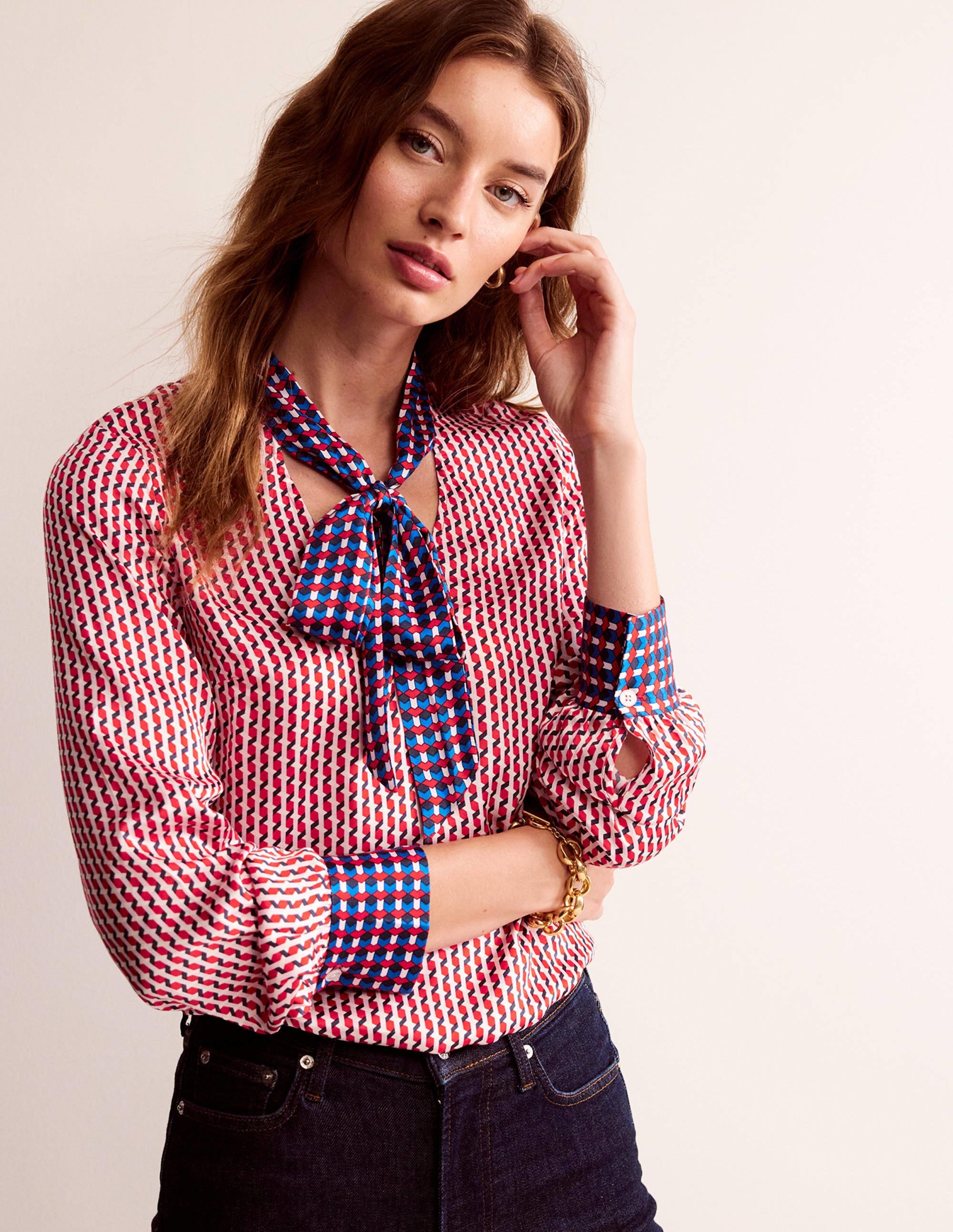 Pussy-Bow Satin Blouse-Hot Pepper, Geo Daze - Image 1