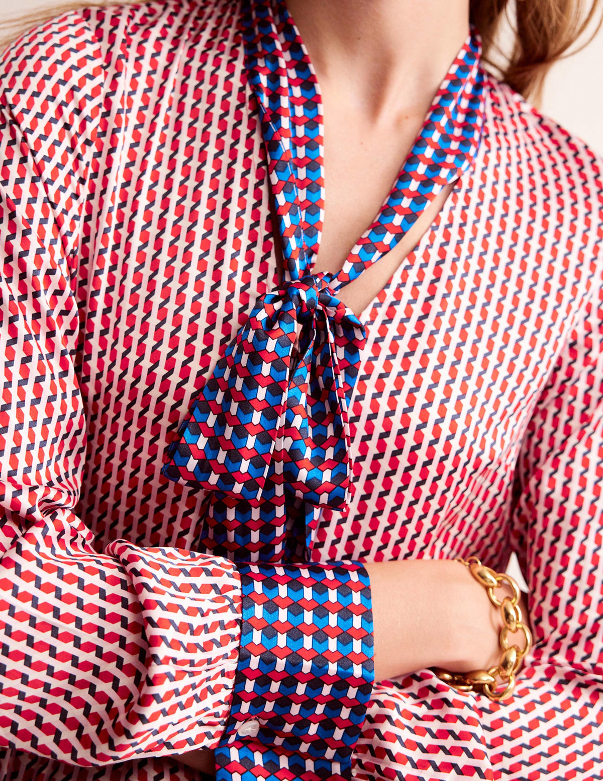 Pussy-Bow Satin Blouse-Hot Pepper, Geo Daze-2