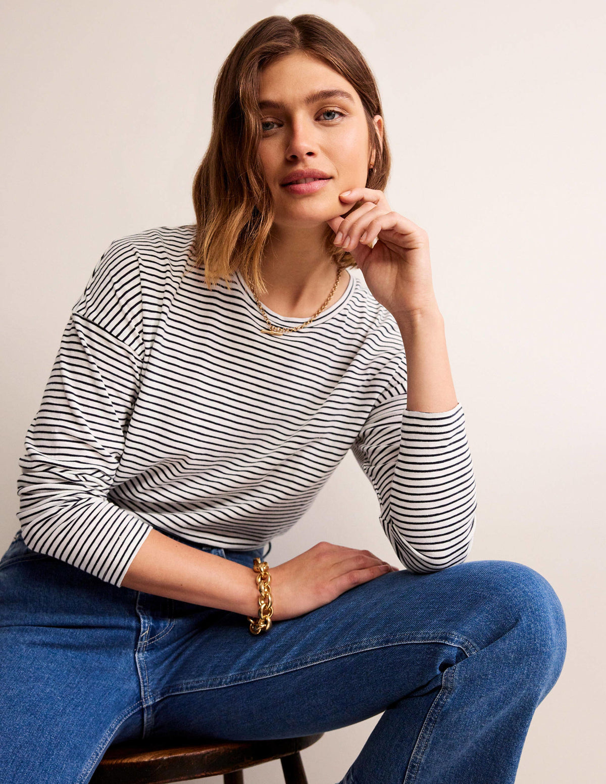 Cotton Dropped Shoulder Top-Ivory, Navy - Image 1