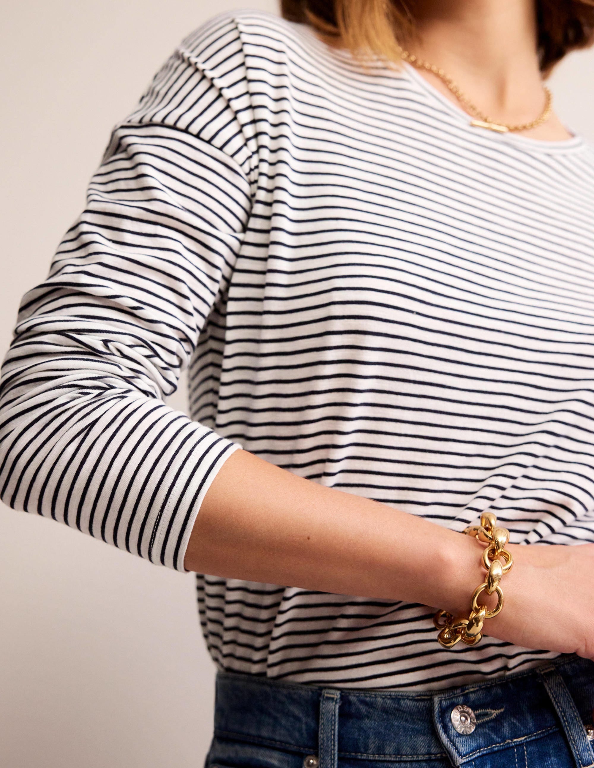 Cotton Dropped Shoulder Top-Ivory, Navy - Image 2