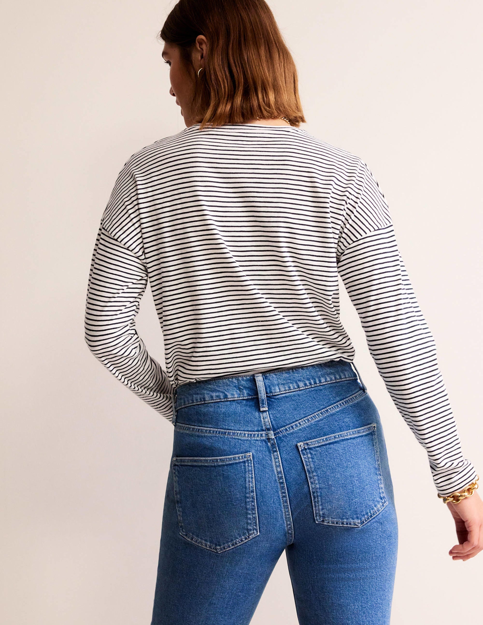 Cotton Dropped Shoulder Top-Ivory, Navy - Image 3
