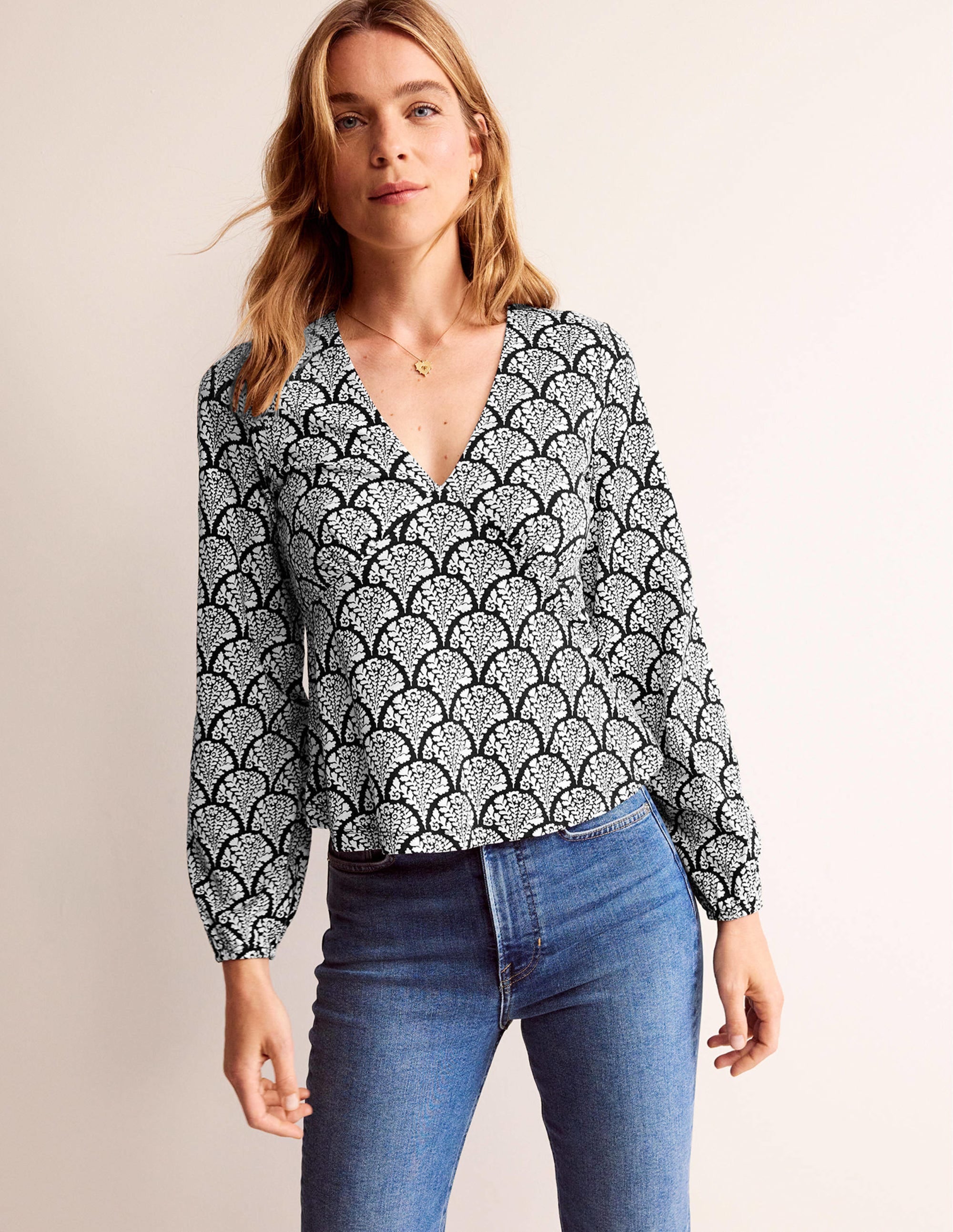 V-Neck Peplum Top-Black, Blossomy - Image 1