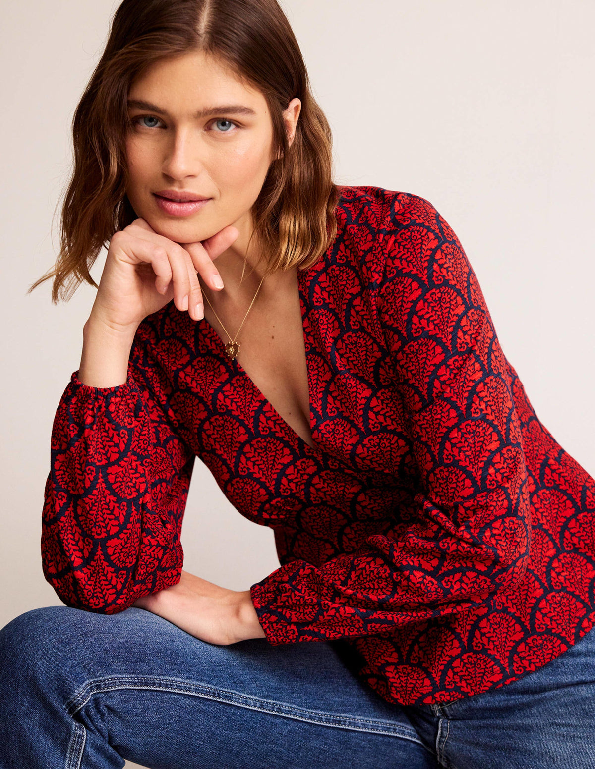 V-Neck Peplum Top-Hot Pepper, Blossomy - Image 1
