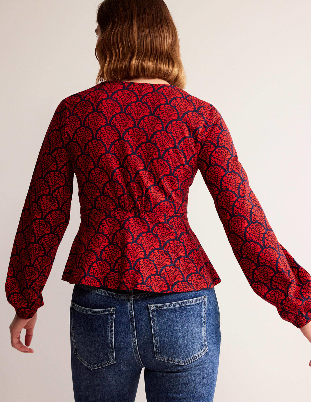 V-Neck Peplum Top-Hot Pepper, Blossomy - Image 3