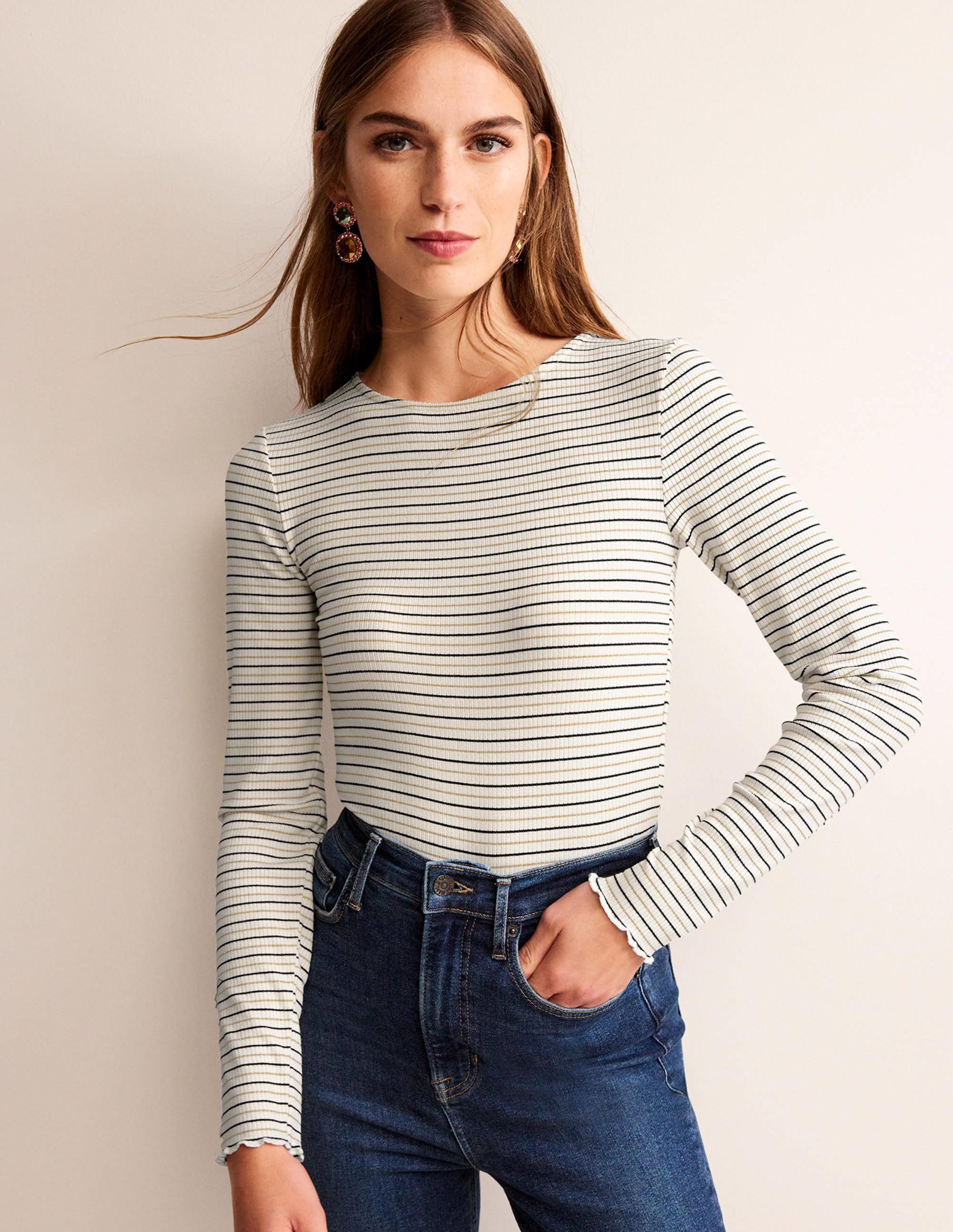 Long Sleeve Metallic Top-Ivory Stripe - Image 4