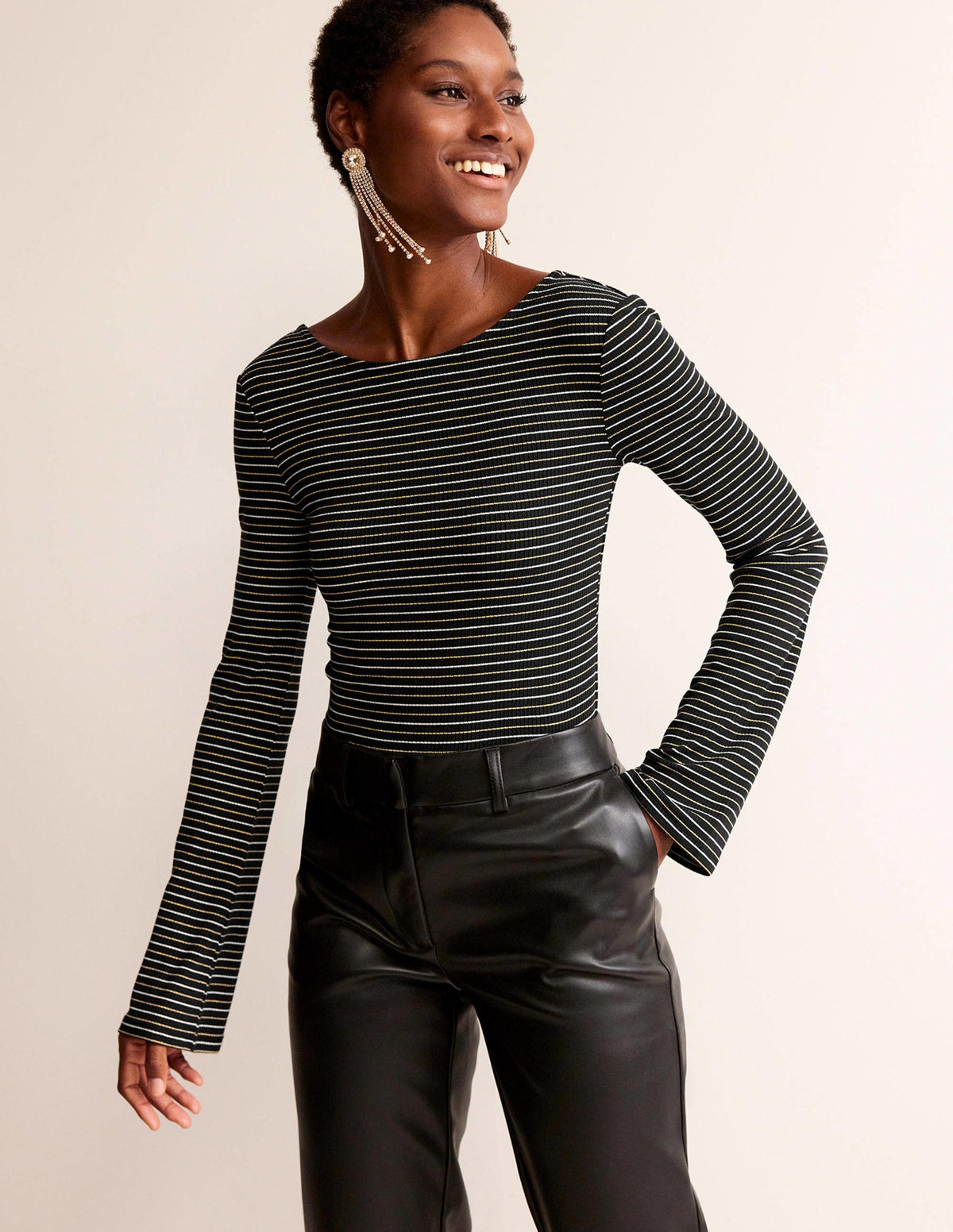 Fluted Sleeve Jersey Top-Black Stripe - Image 1