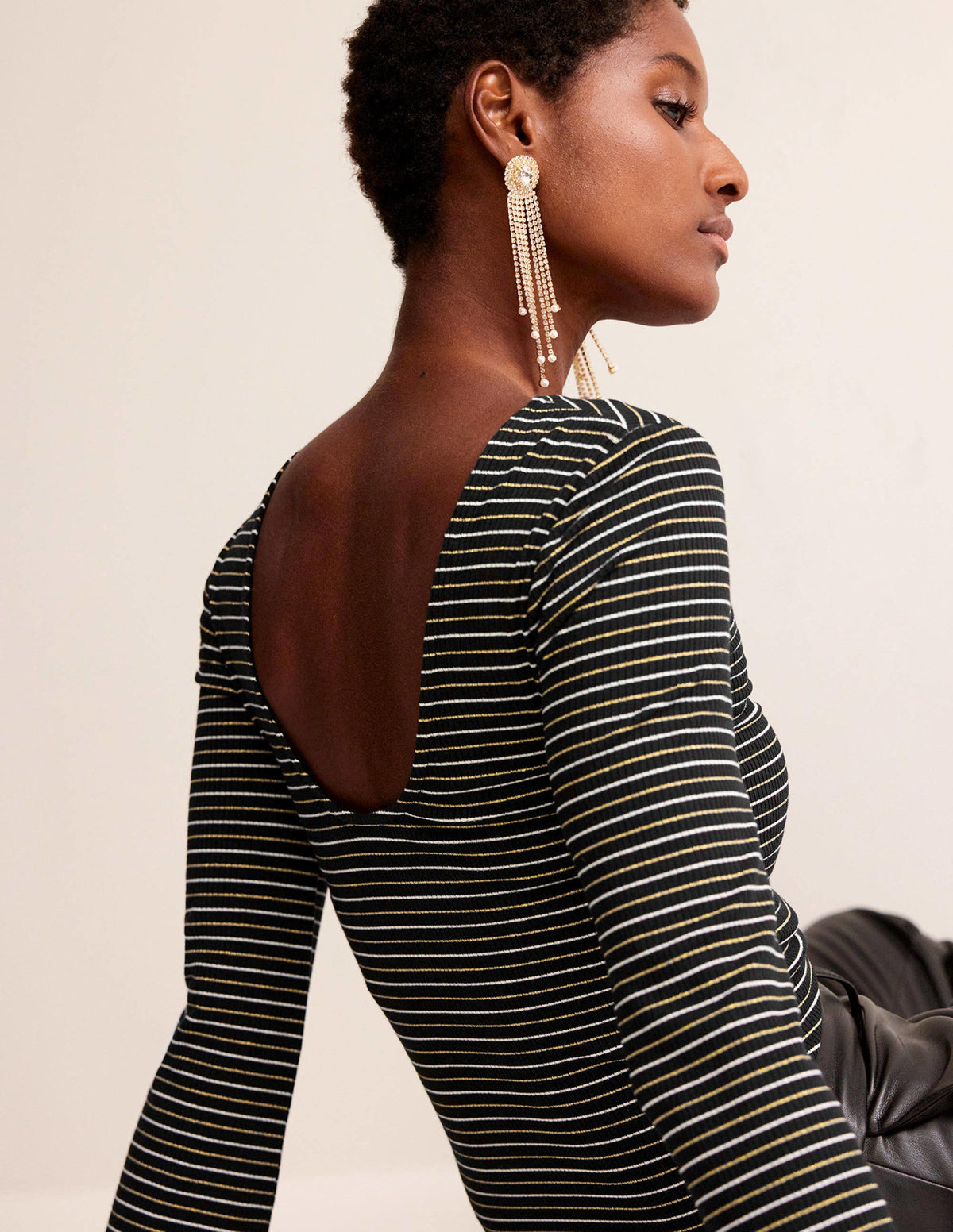 Fluted Sleeve Jersey Top-Black Stripe-2