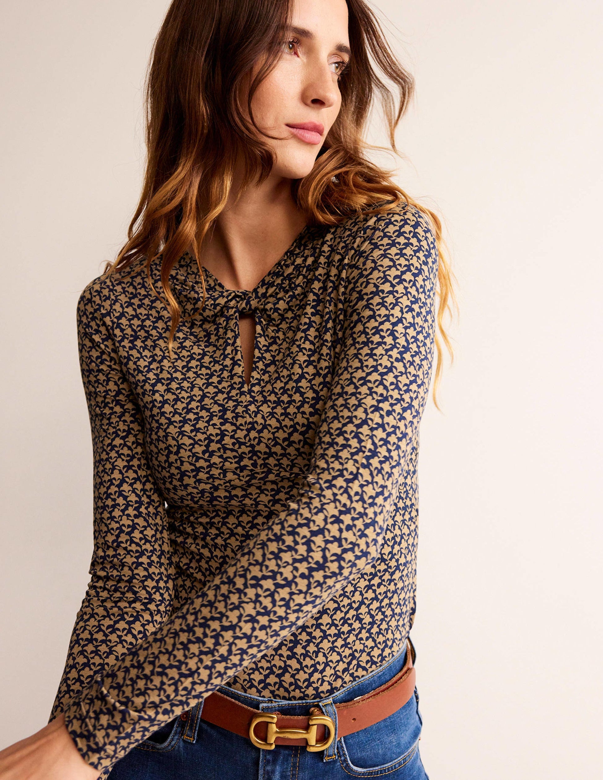 Knot Front Jersey Top-Camel, Lily Sprig-1