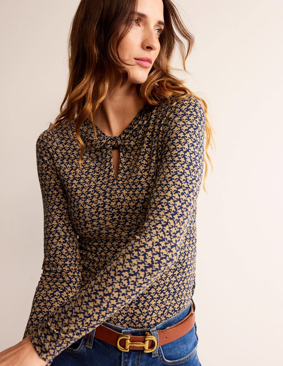 Knot Front Jersey Top-Camel, Lily Sprig - Image 1