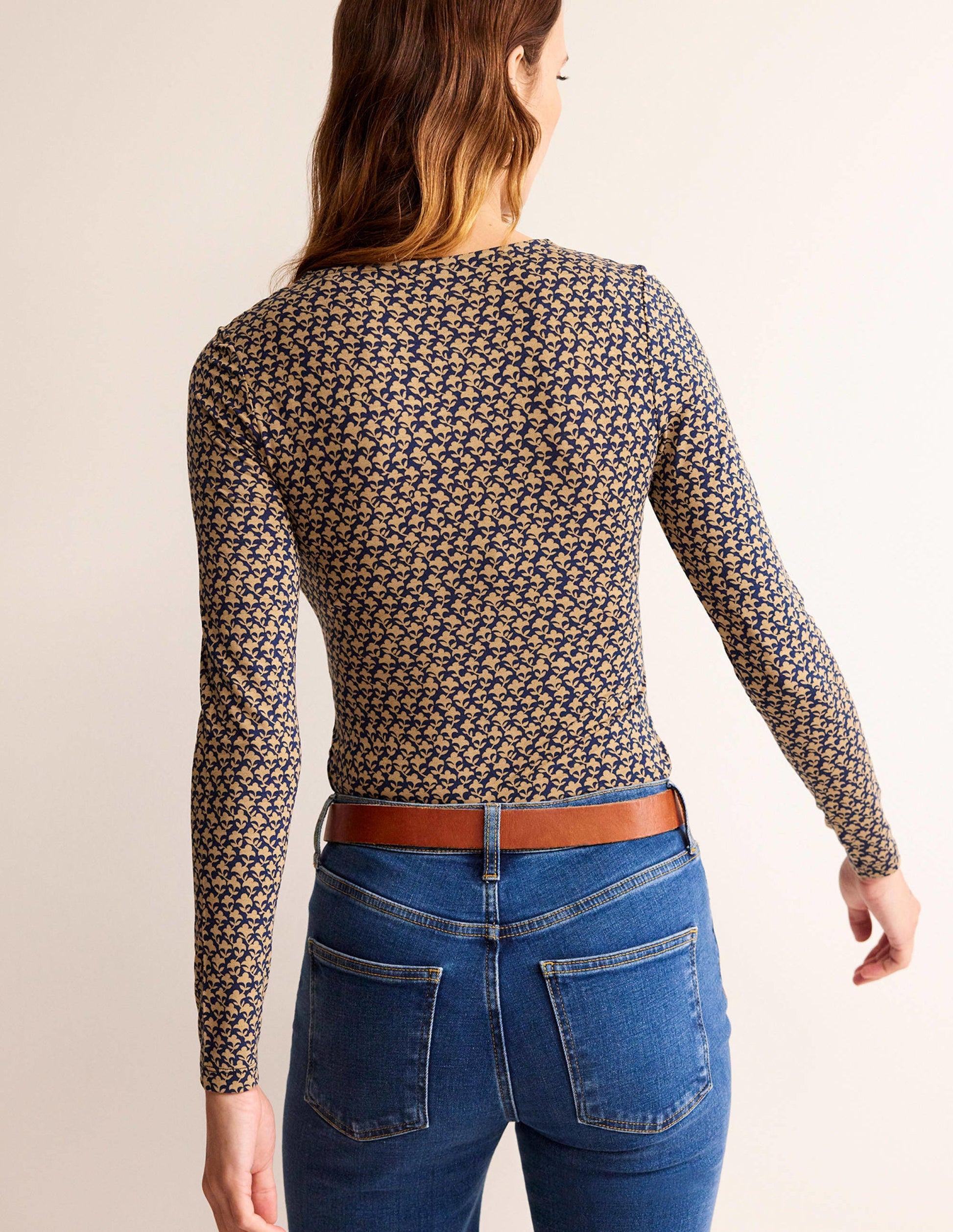 Knot Front Jersey Top-Camel, Lily Sprig-3