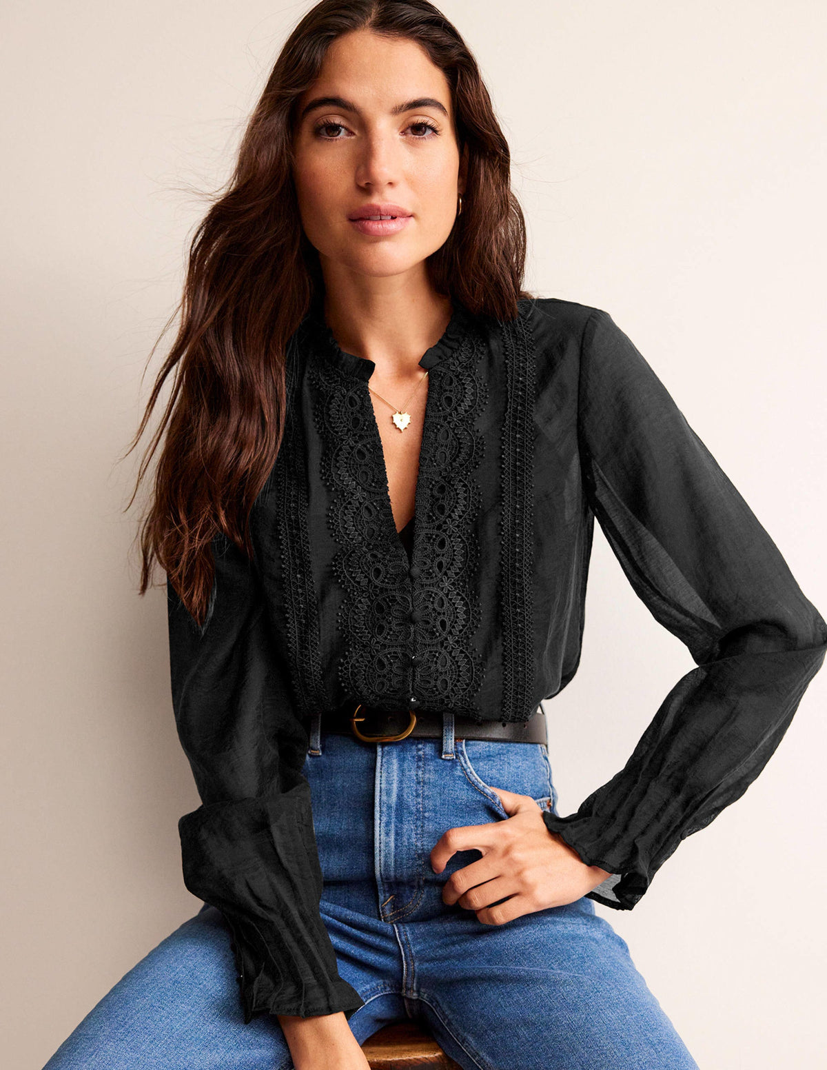 Lace-Trim Frill Top-Black-2