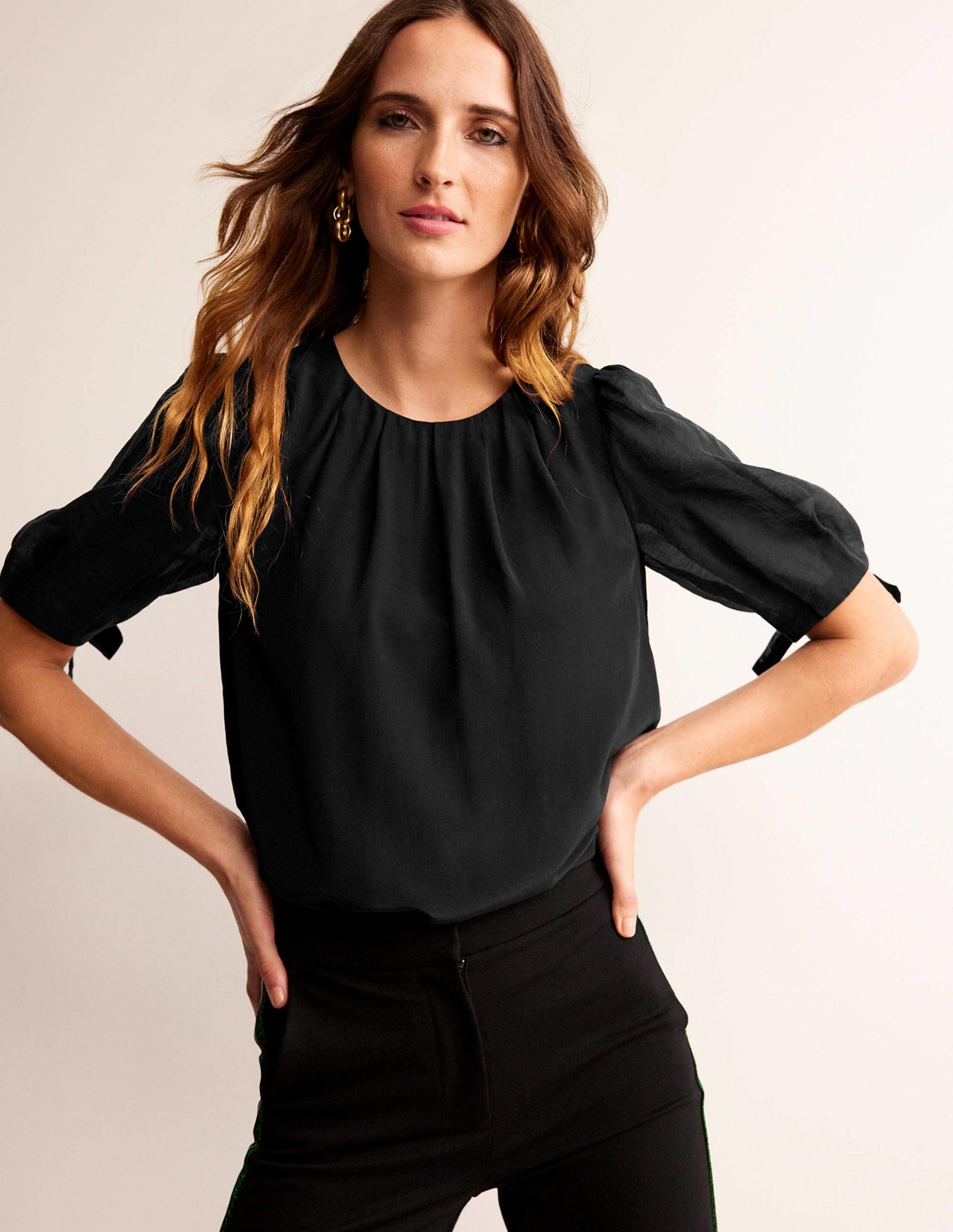 Organza Puff-Sleeve Top-Black-1