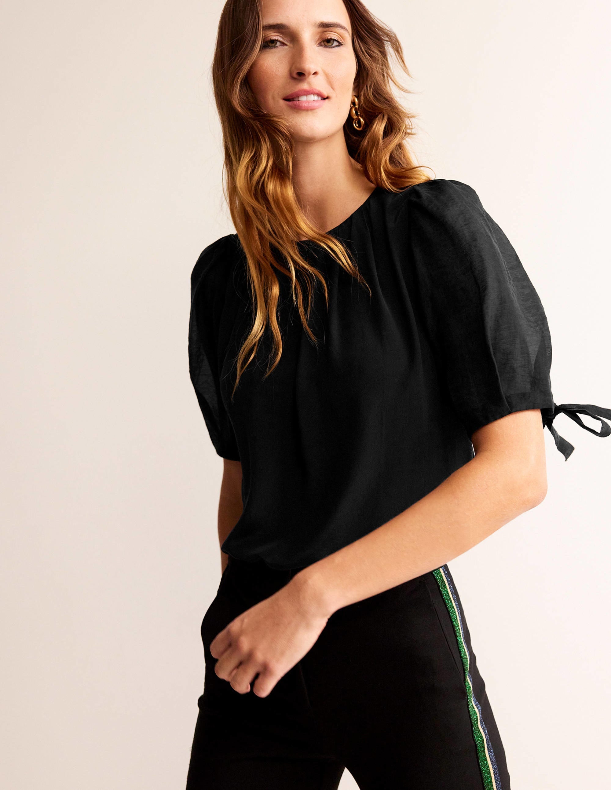 Organza Puff-Sleeve Top-Black - Image 4