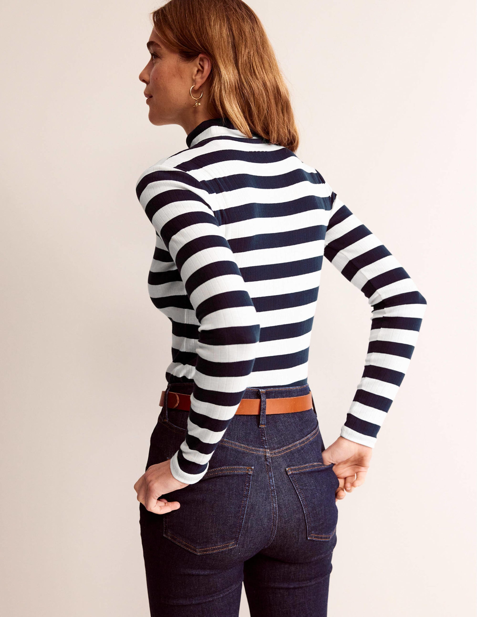 Anna Rib Roll Neck Top-Navy, Ivory - Image 3
