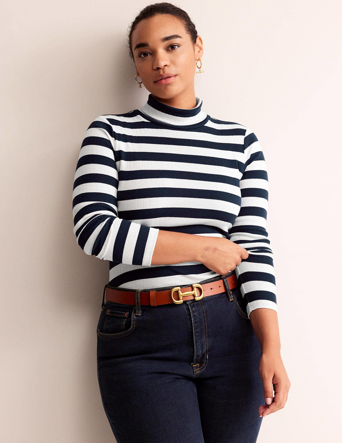 Anna Rib Roll Neck Top-Navy, Ivory - Image 5