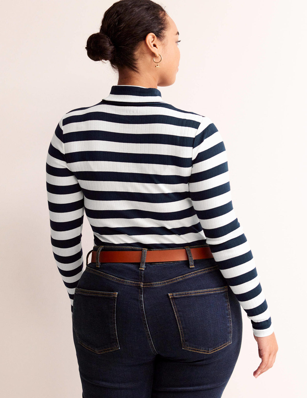 Anna Rib Roll Neck Top-Navy, Ivory - Image 6