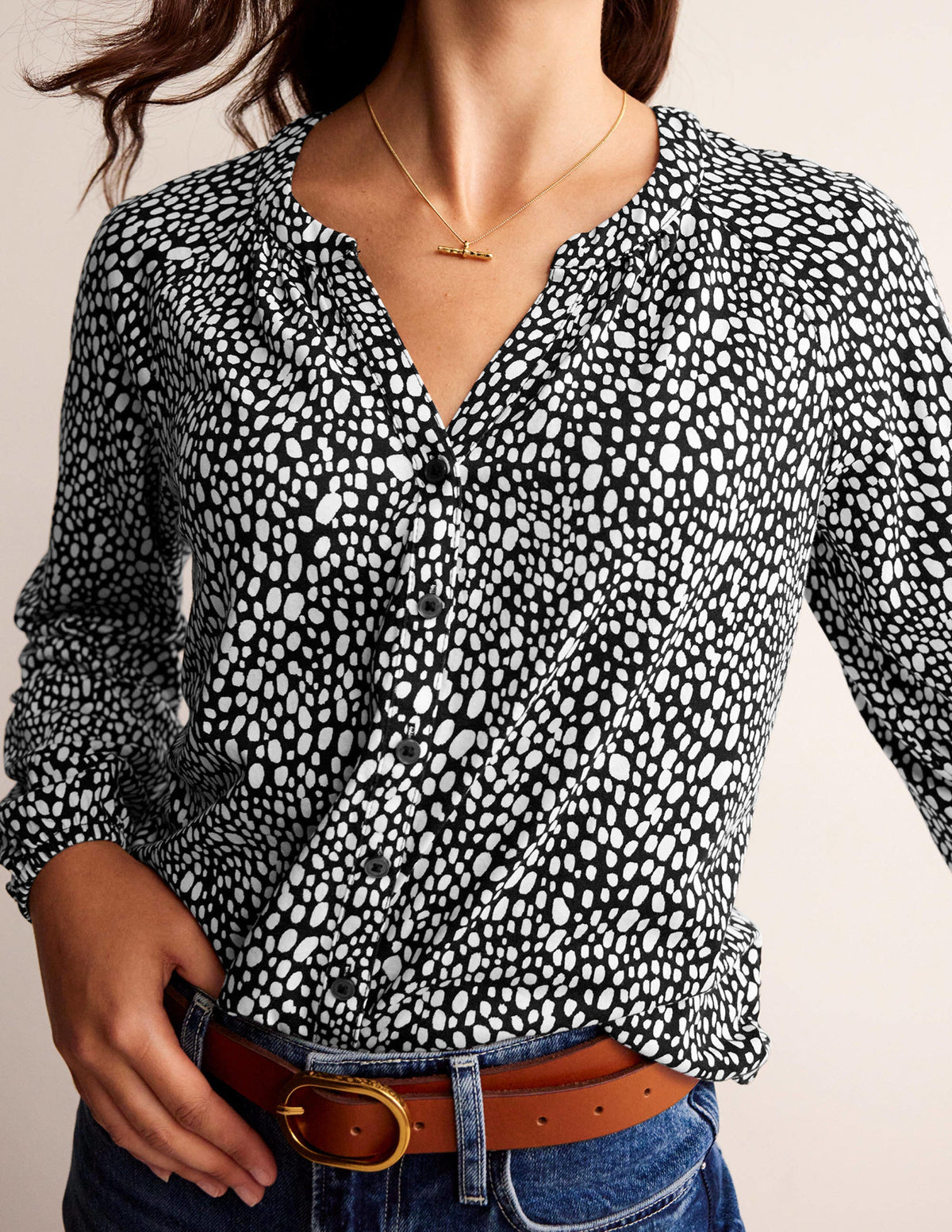 Printed Gather-Detail Shirt-Black, Animal Spot - Image 2