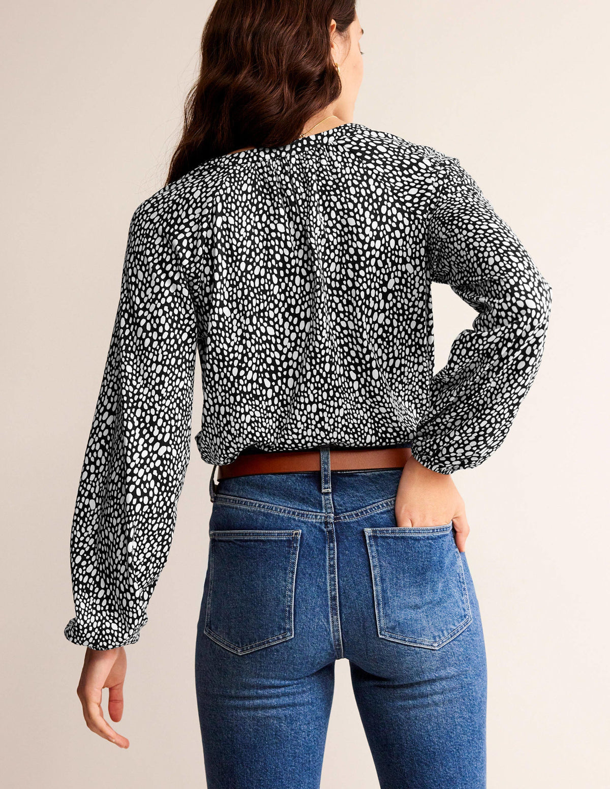 Printed Gather-Detail Shirt-Black, Animal Spot - Image 3