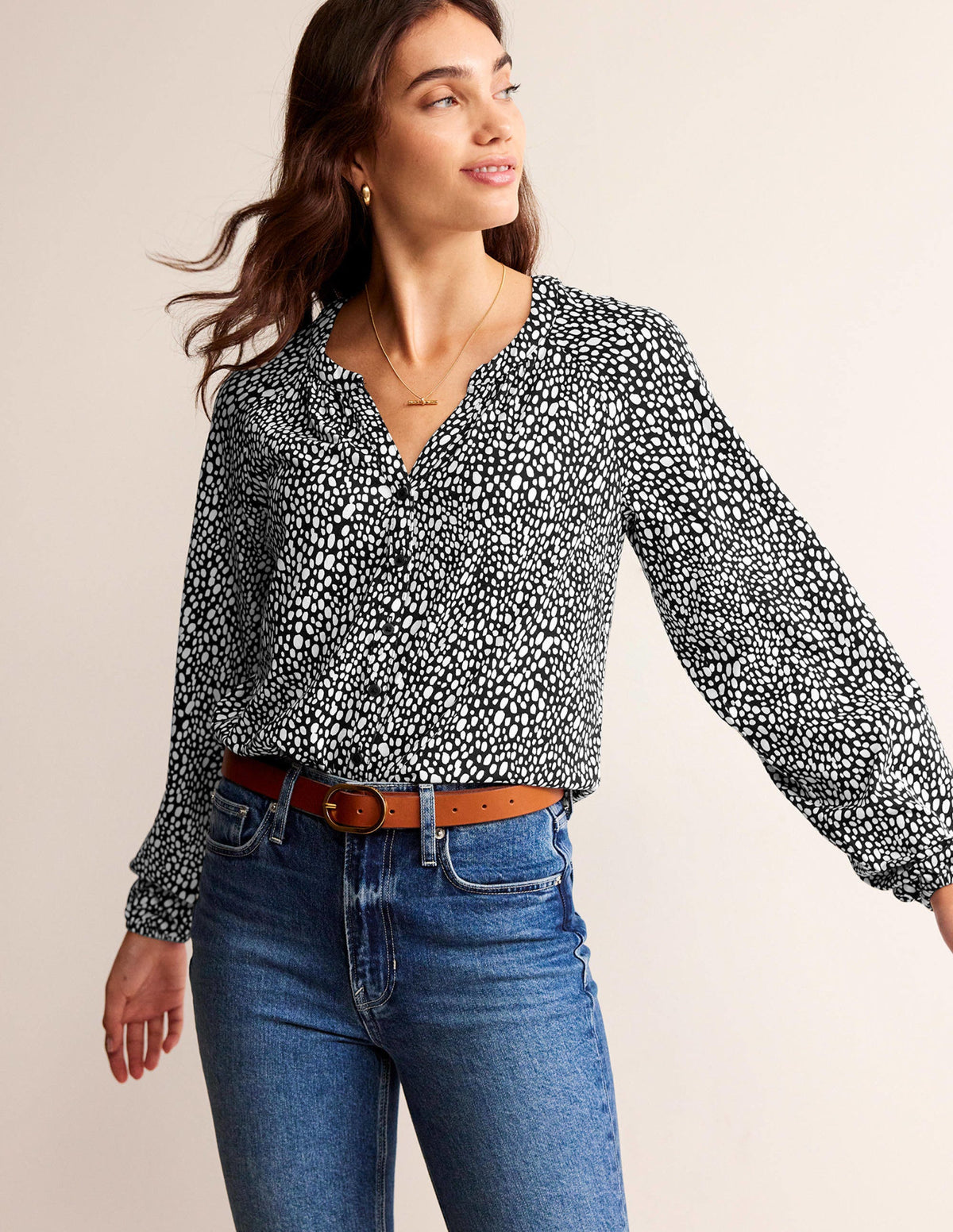 Printed Gather-Detail Shirt-Black, Animal Spot-4