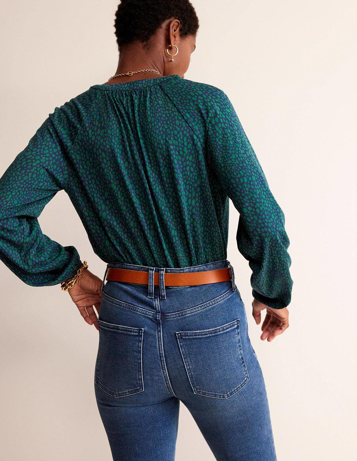 Printed Gather-Detail Shirt-Amazon Green , Animal Spot - Image 3