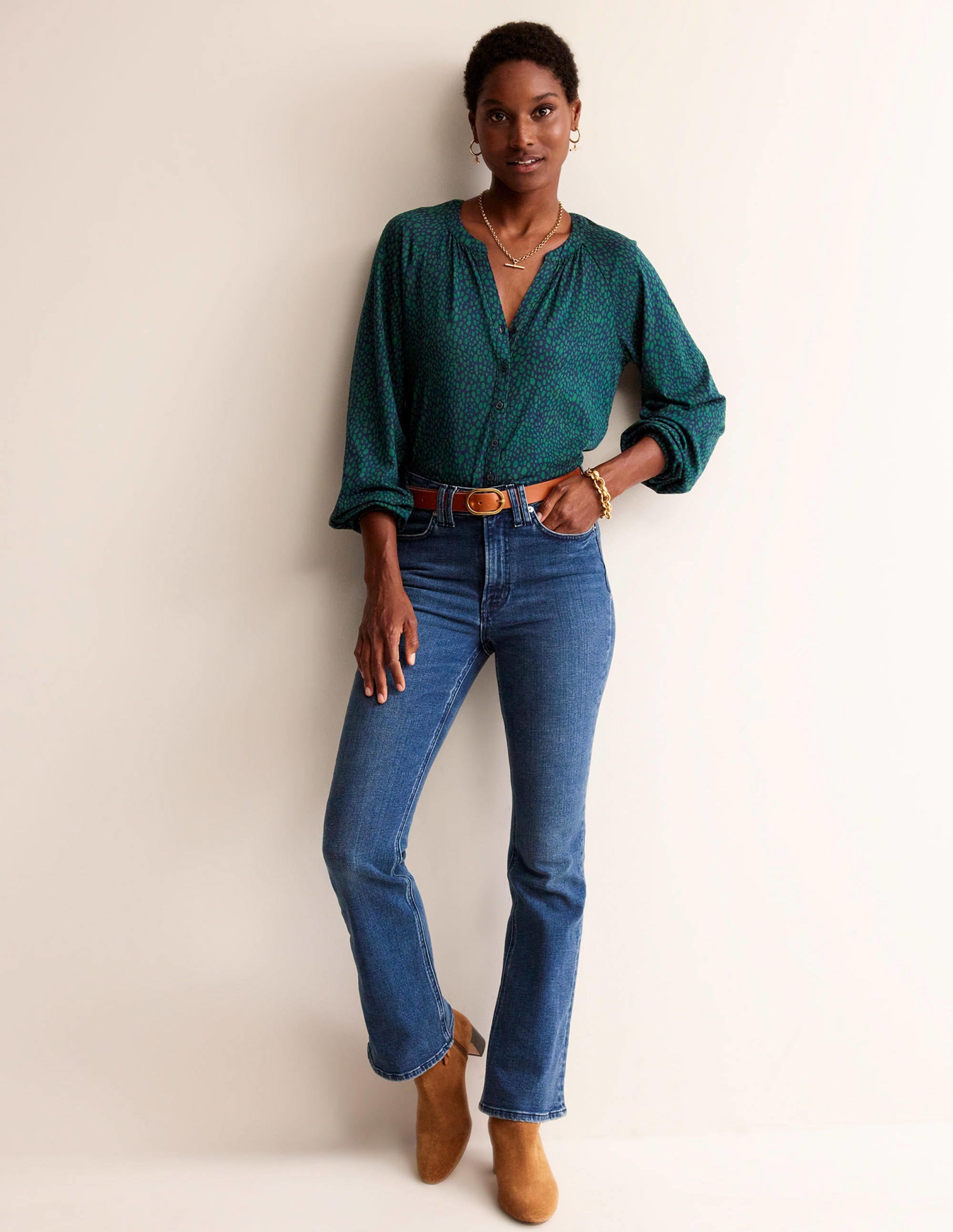 Printed Gather-Detail Shirt-Amazon Green , Animal Spot - Image 4