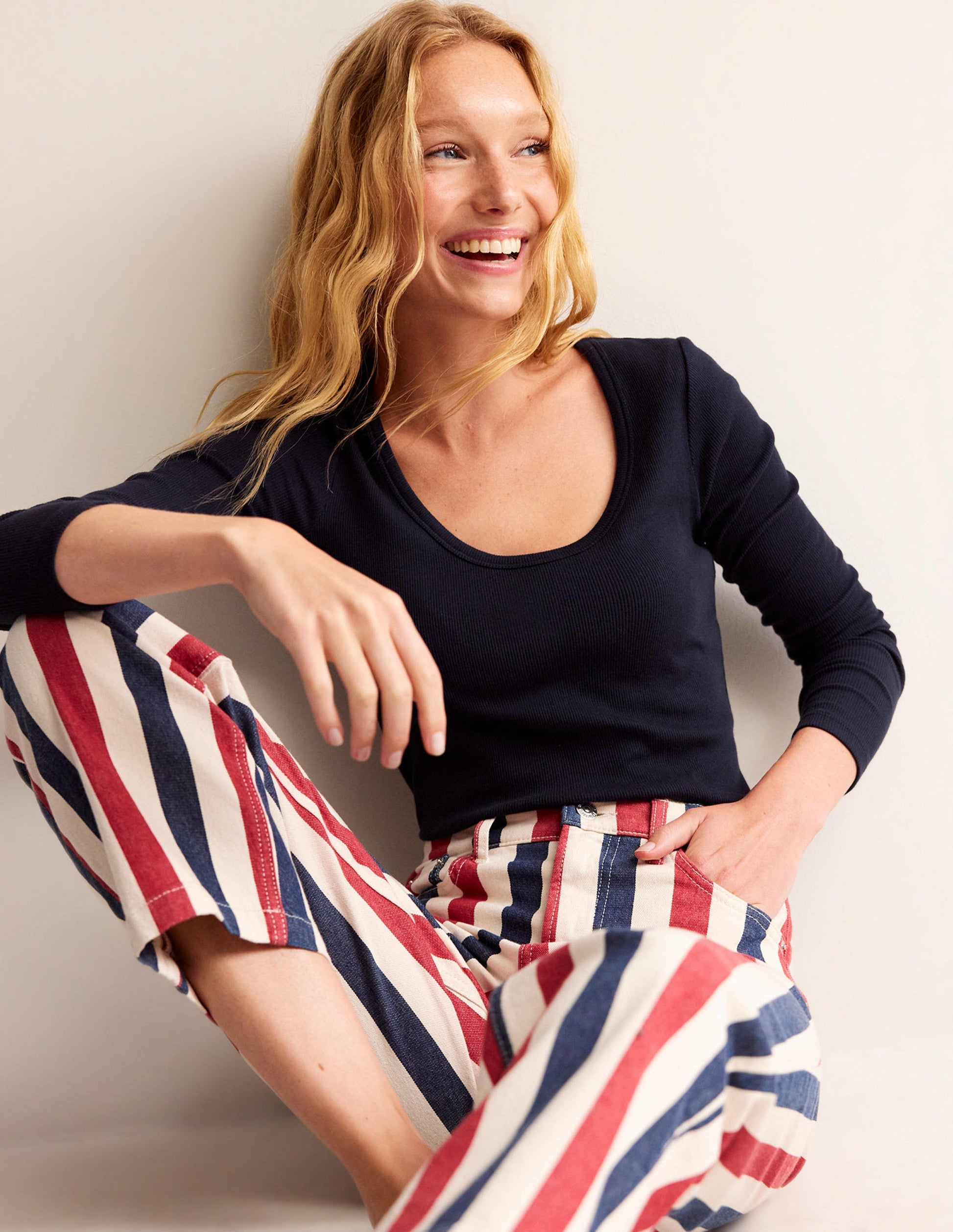 Cotton Rib Scoop Neck Top-Navy-1