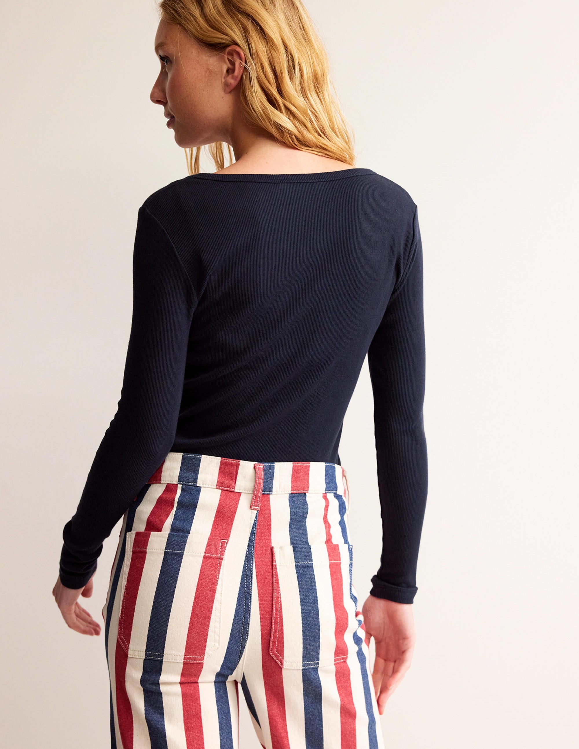 Cotton Rib Scoop Neck Top-Navy - Image 3