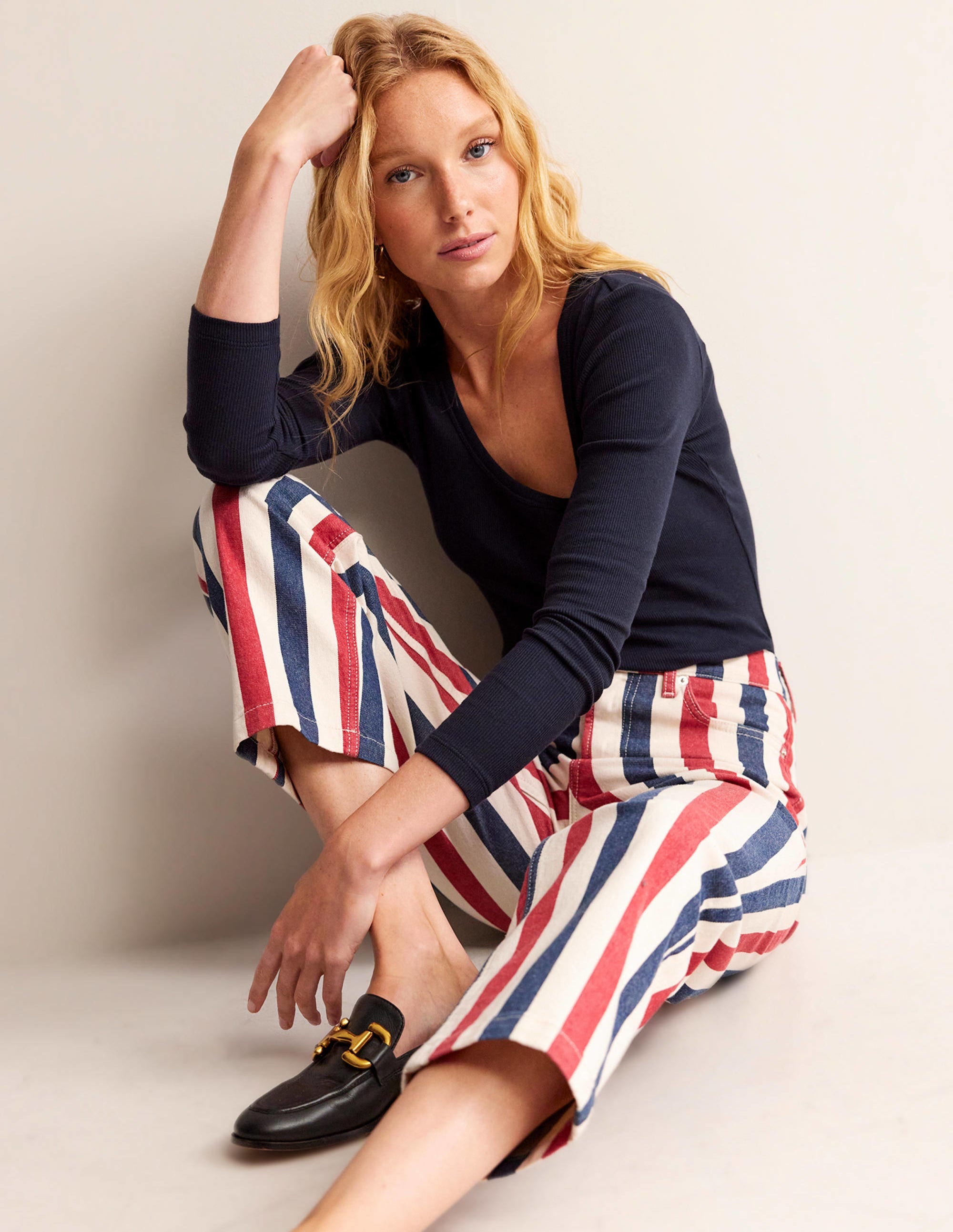 Cotton Rib Scoop Neck Top-Navy - Image 4