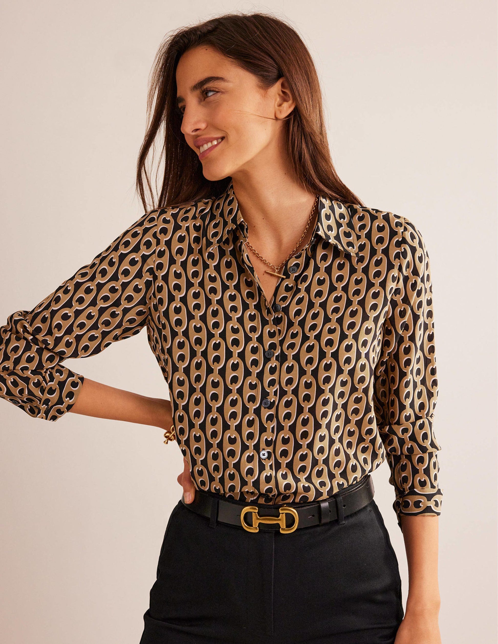 Sienna Silk Shirt-Black, Camel Chain-1