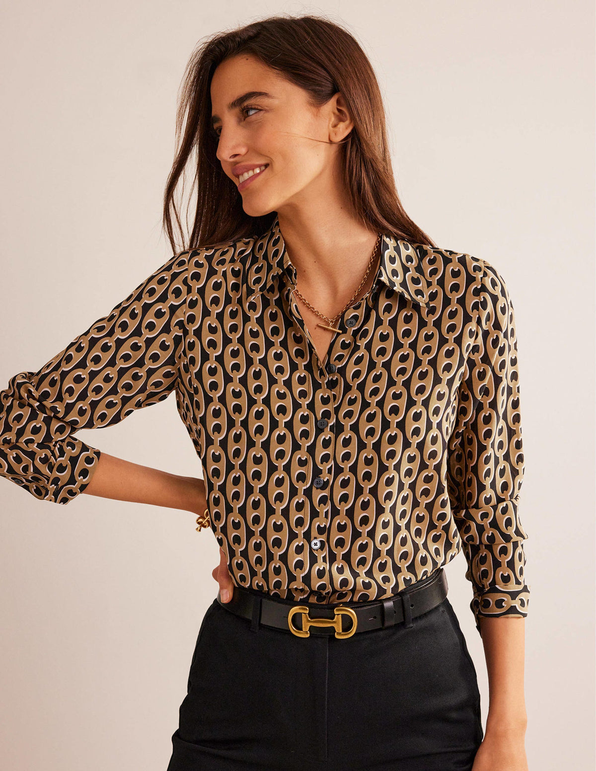 Sienna Silk Shirt-Black, Camel Chain - Image 1