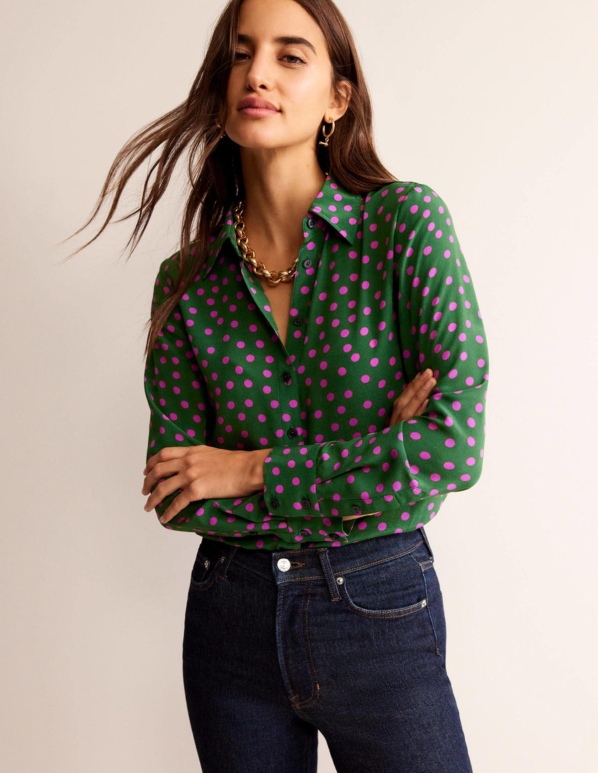 Sienna Silk Shirt-Amazon Green, Dotty Spot-1