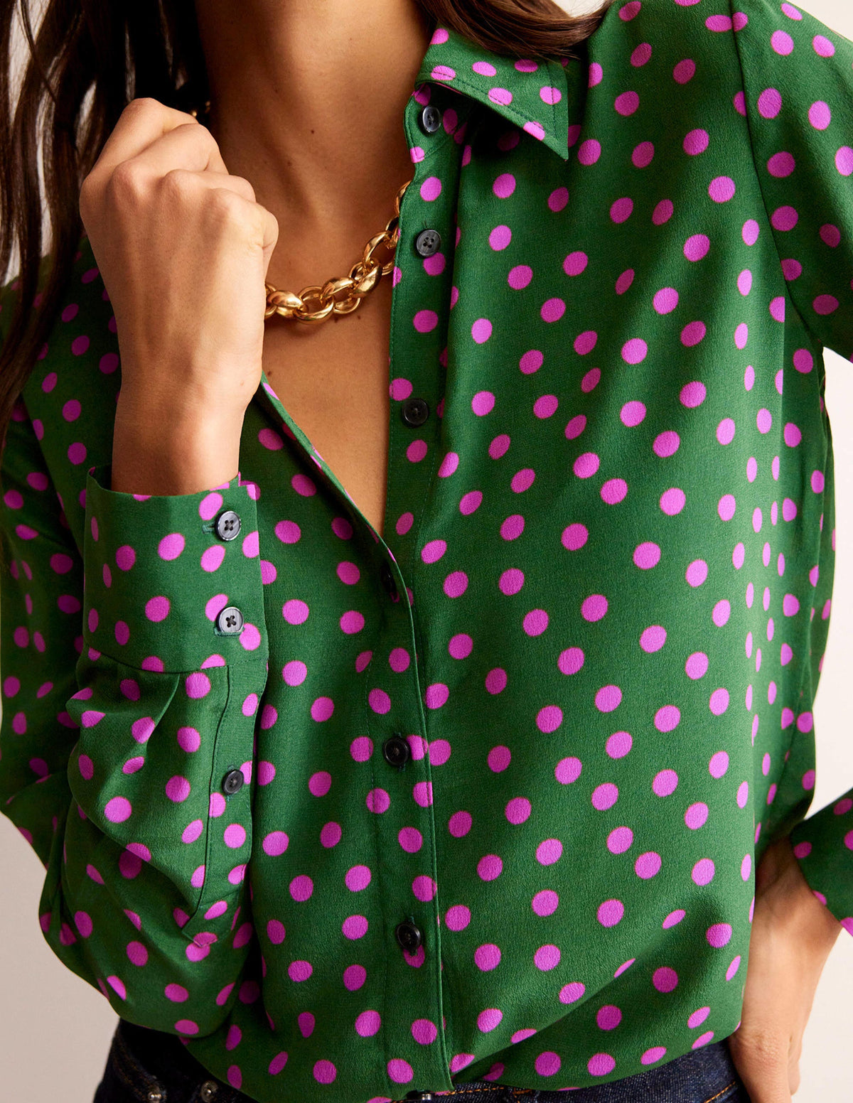 Sienna Silk Shirt-Amazon Green, Dotty Spot-2