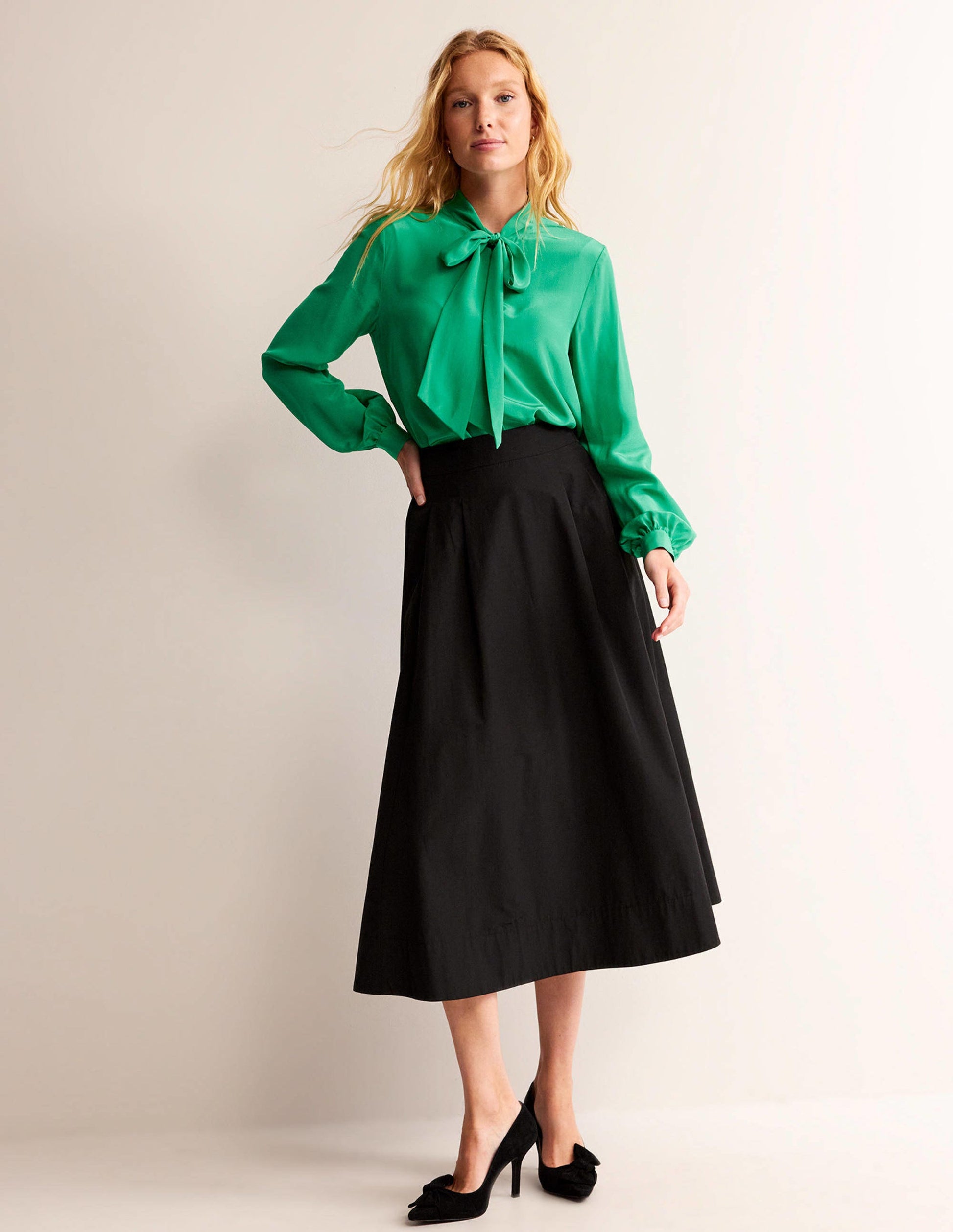 Bow-Neck Button-Down Blouse-Veridian Green-4
