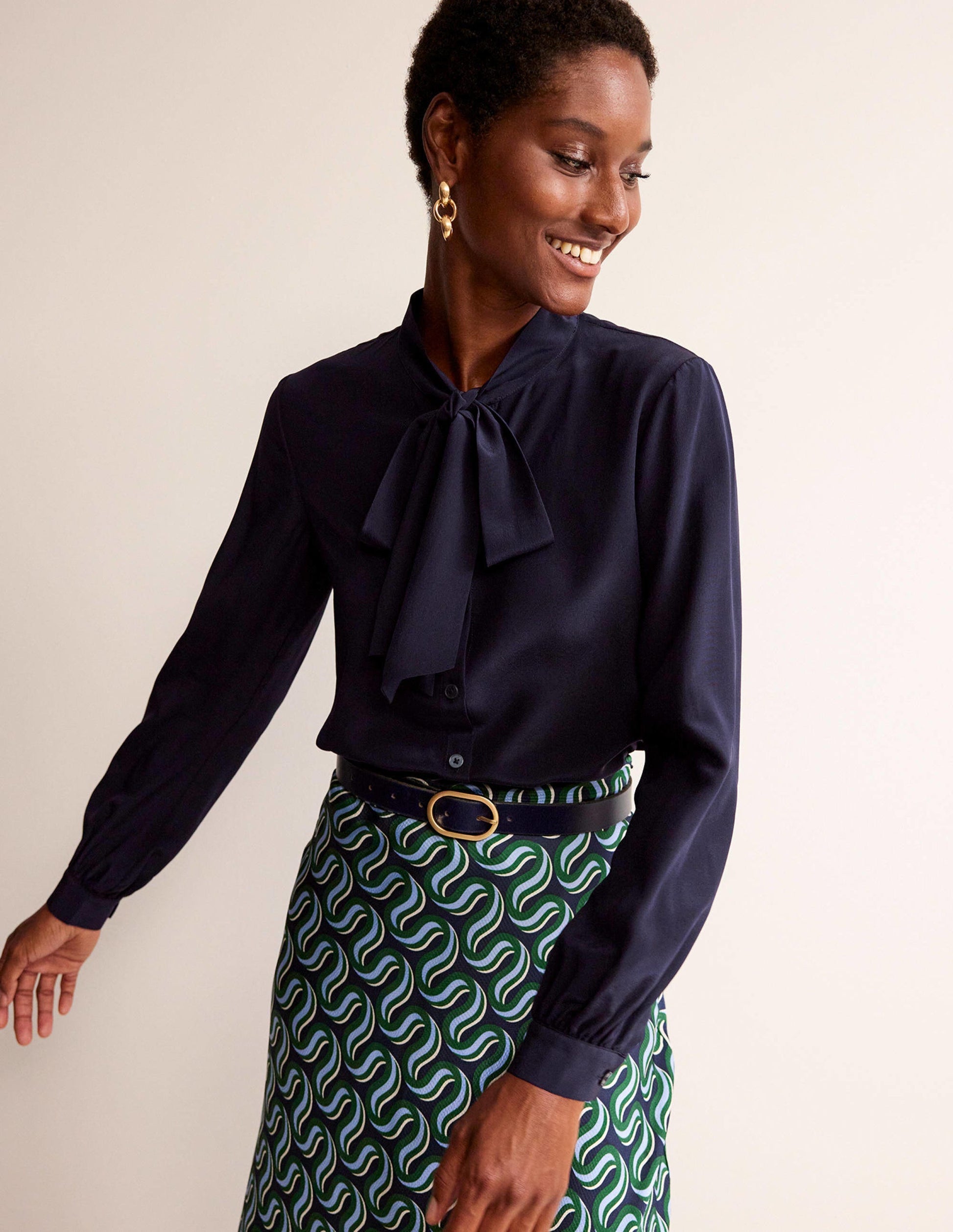 Bow-Neck Button-Down Blouse-Navy-1