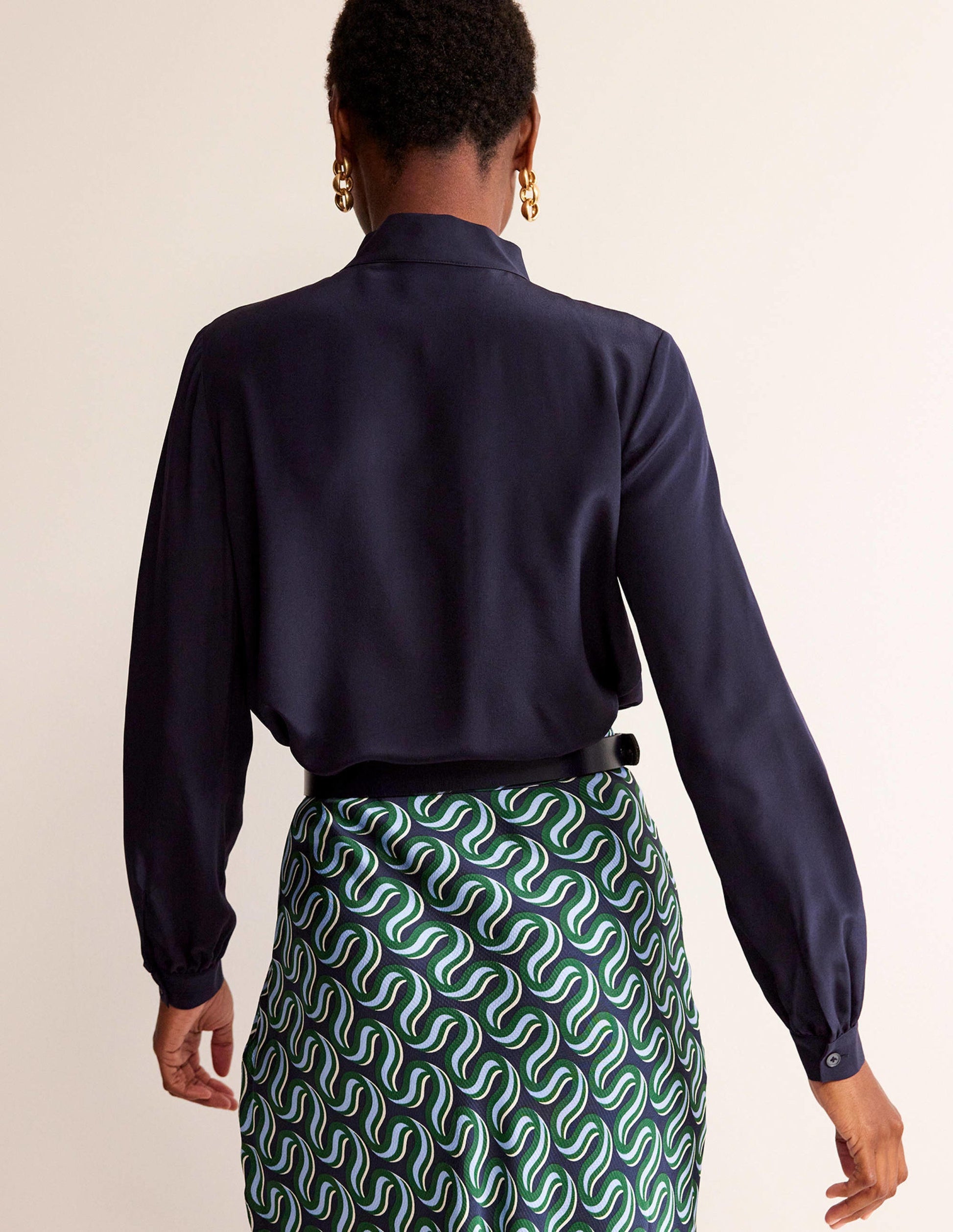 Bow-Neck Button-Down Blouse-Navy-3