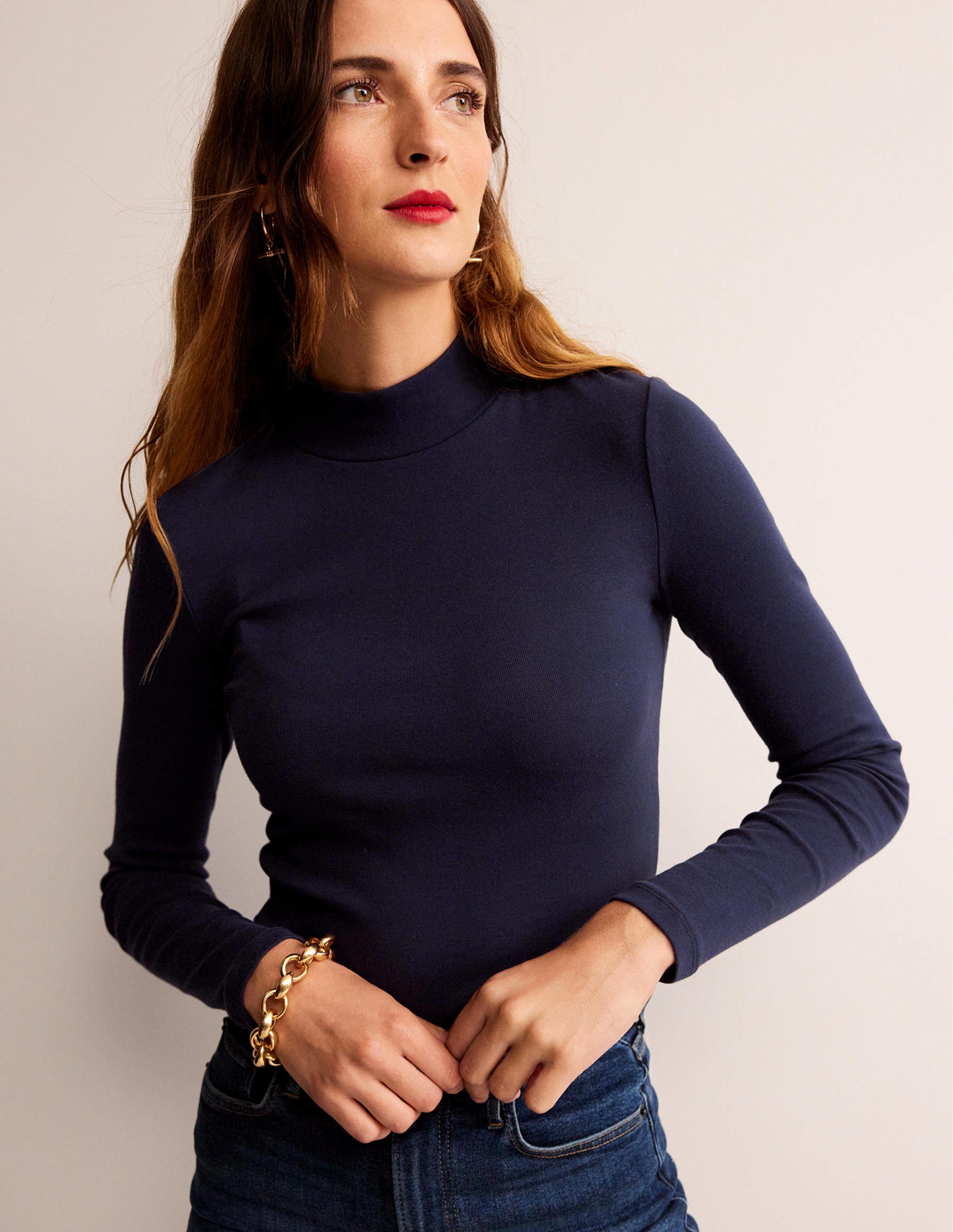 Essential High Neck Jersey Top-Navy - Image 1