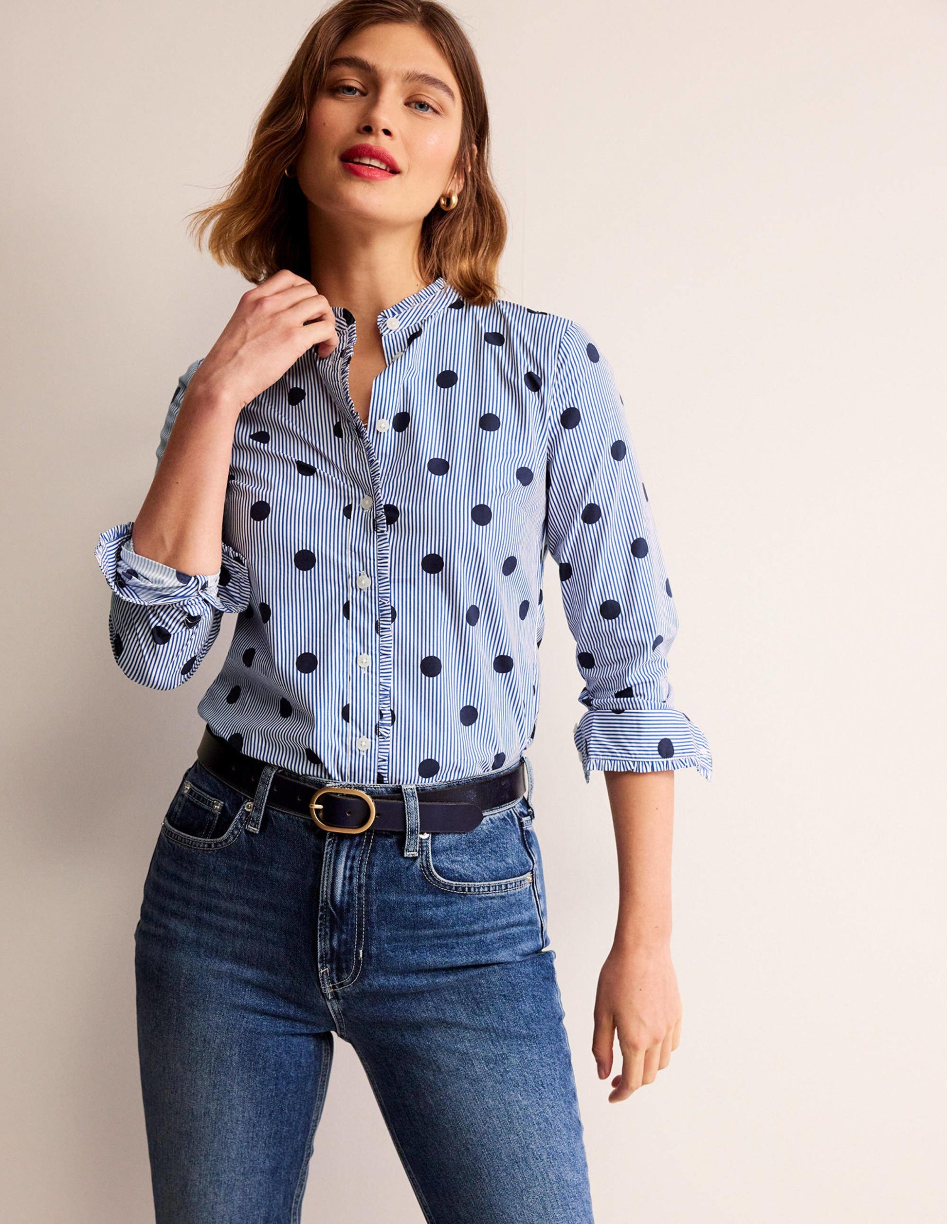 Phoebe Cotton Shirt-Navy, Spot Stripe-1