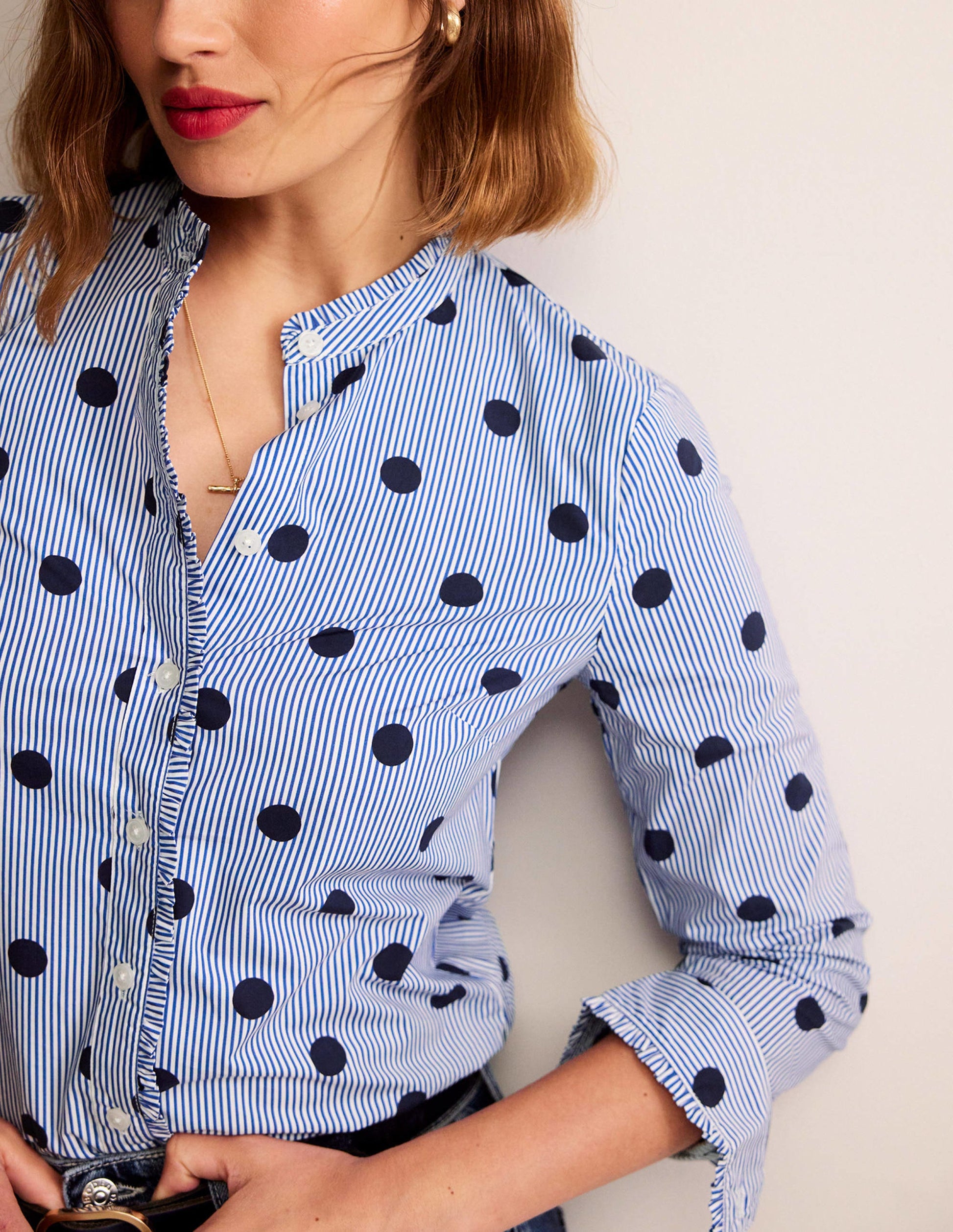 Phoebe Cotton Shirt-Navy, Spot Stripe-2