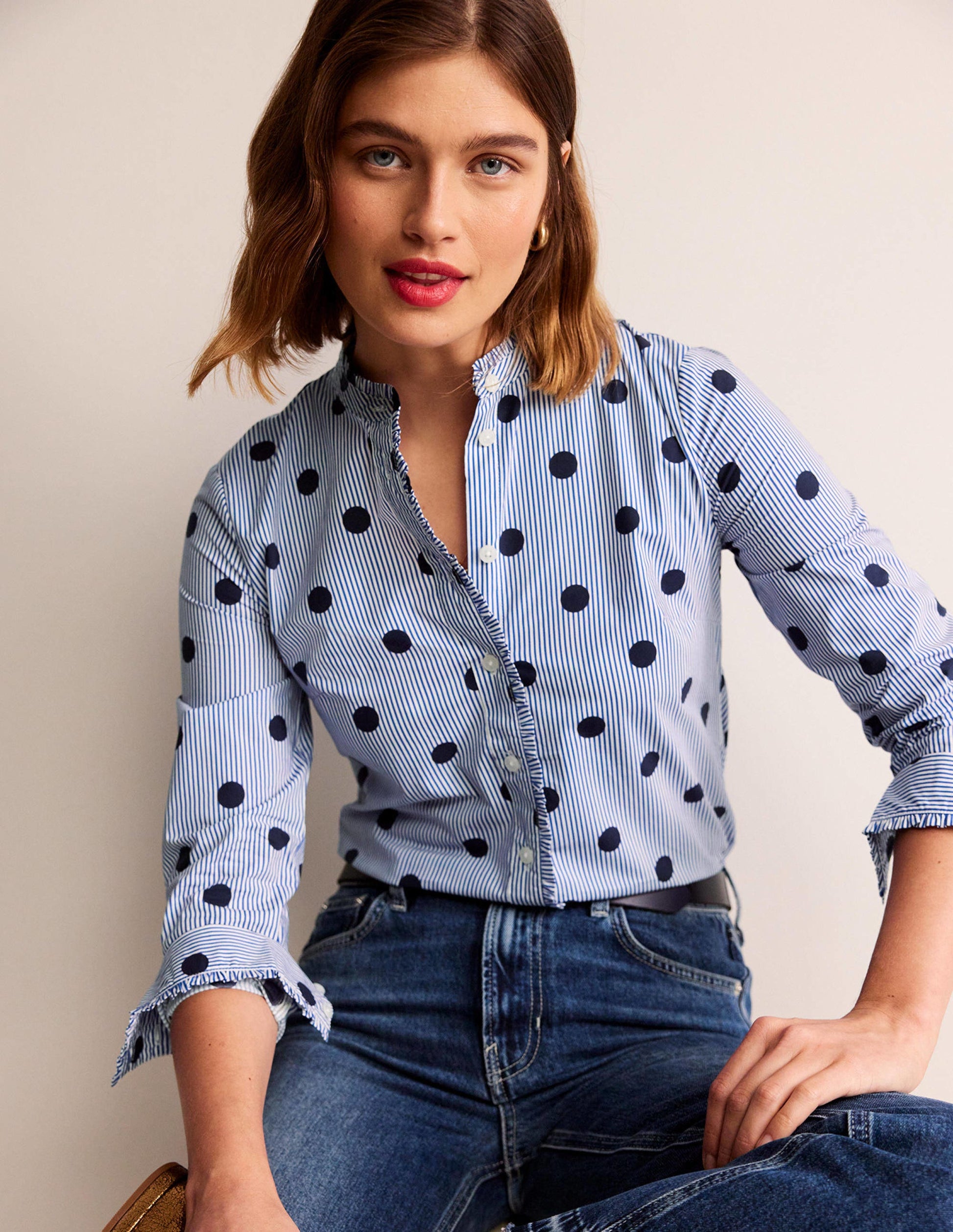 Phoebe Cotton Shirt-Navy, Spot Stripe-4