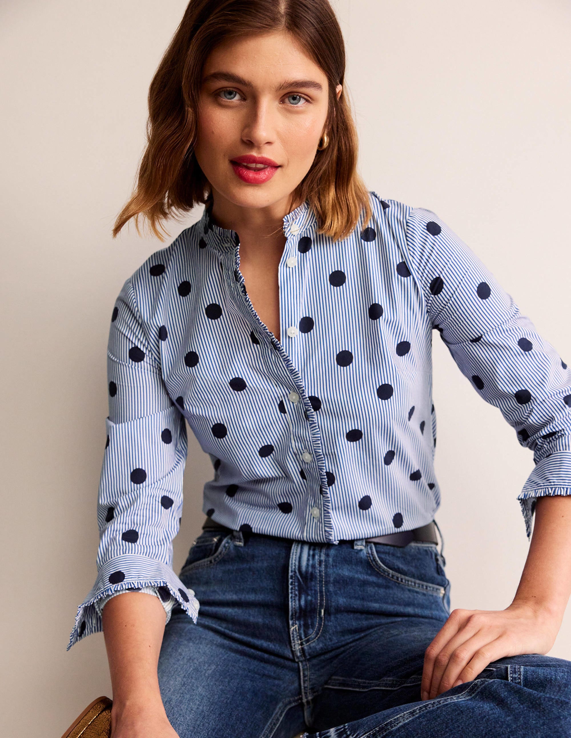 Phoebe Cotton Shirt-Navy, Spot Stripe - Image 4