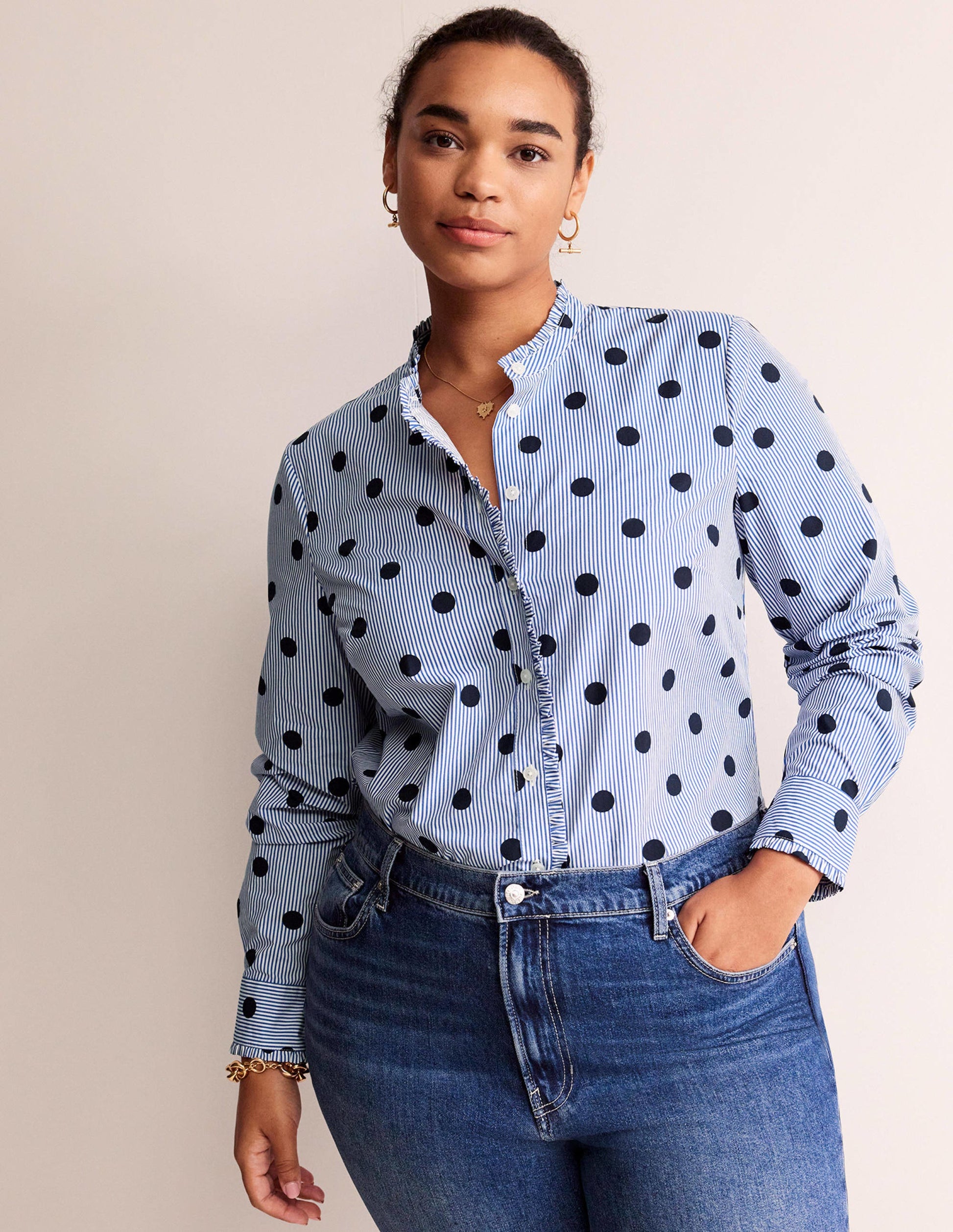 Phoebe Cotton Shirt-Navy, Spot Stripe-5