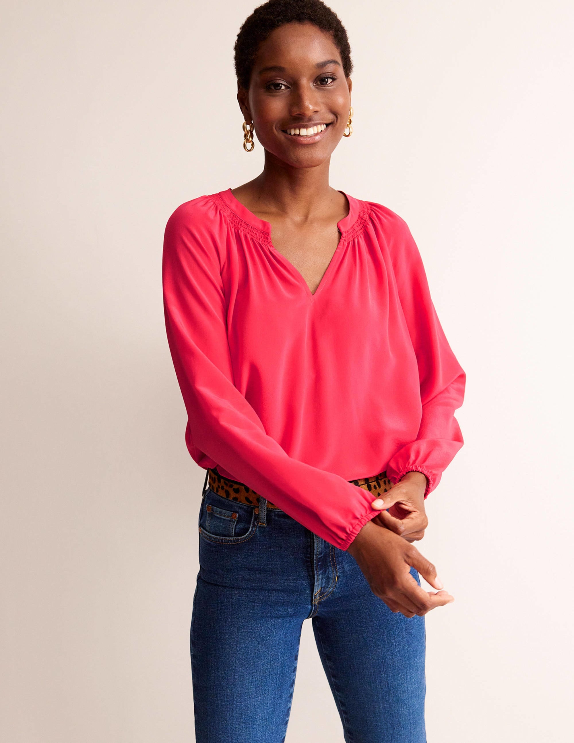 Gathered Neck Silk Blouse-Pop Peony - Image 1