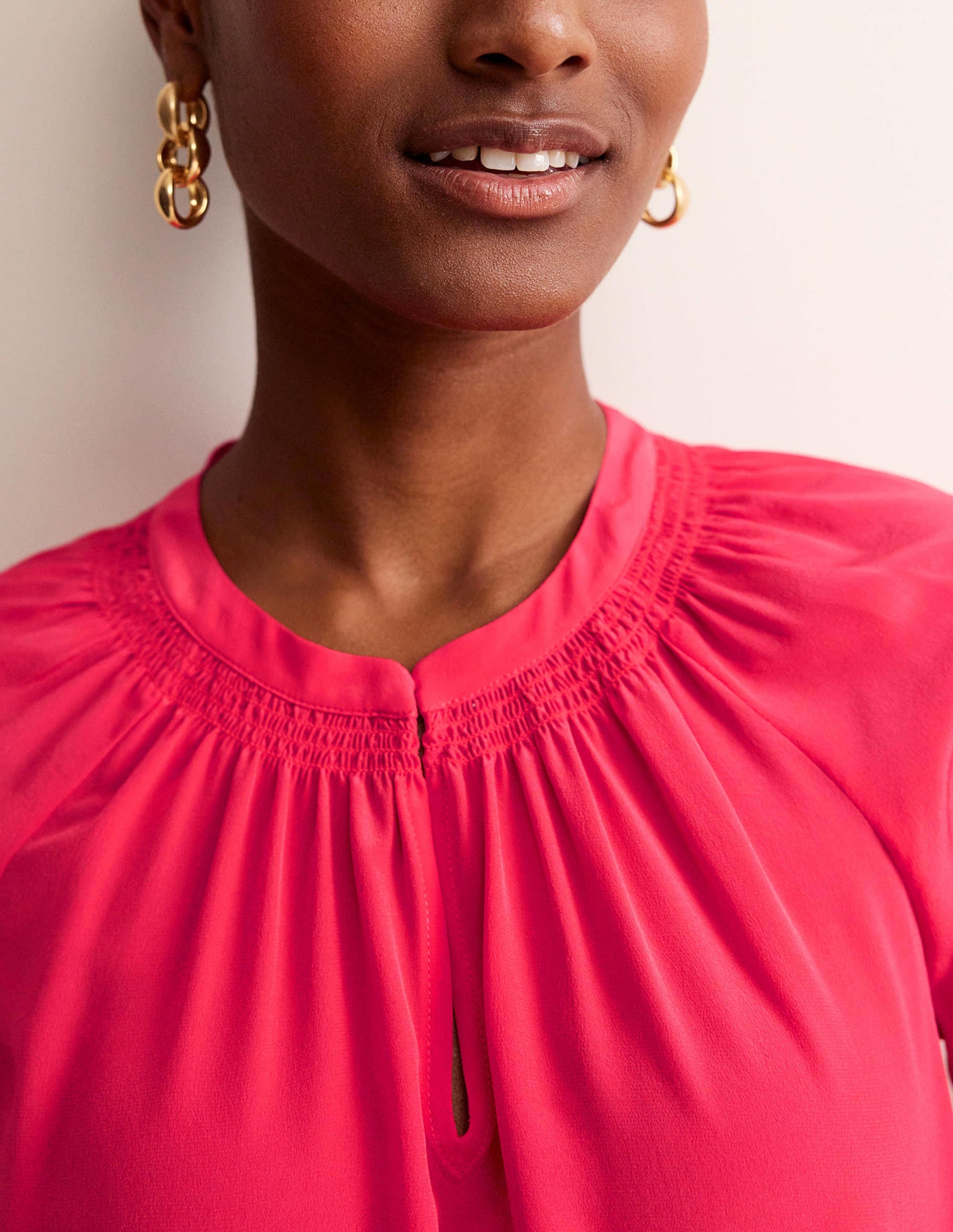 Gathered Neck Silk Blouse-Pop Peony-2