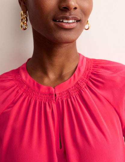 Gathered Neck Silk Blouse-Pop Peony-2